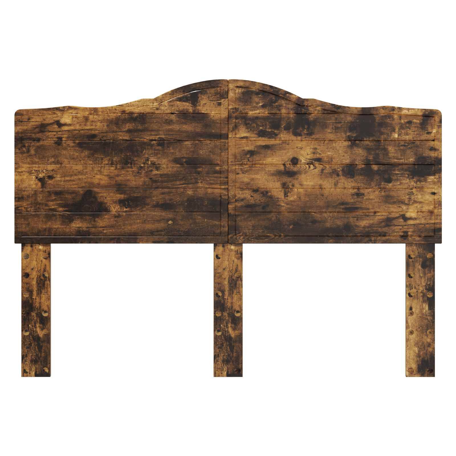 Ein rustikales Kopfbrett aus Holz mit verwittertem Finish, das eine gebogene Oberseite und zwei vertikale Stützpfosten aufweist.