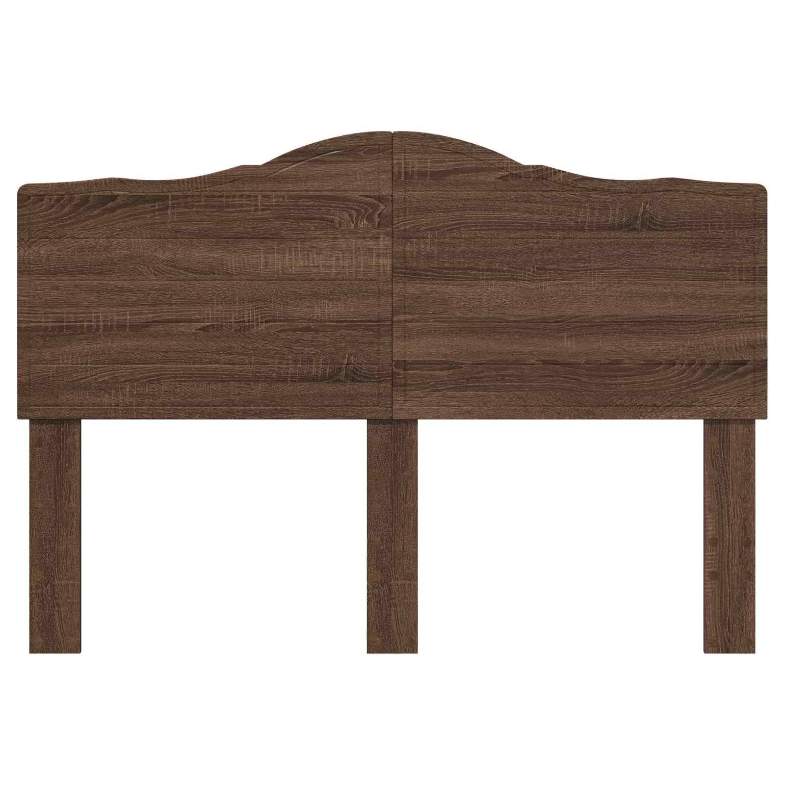 Ein dunkles Holzkopfende mit gebogenem Oberteil und zwei vertikalen Stützbeinen, das ein einfaches, strukturiertes Design aufweist.