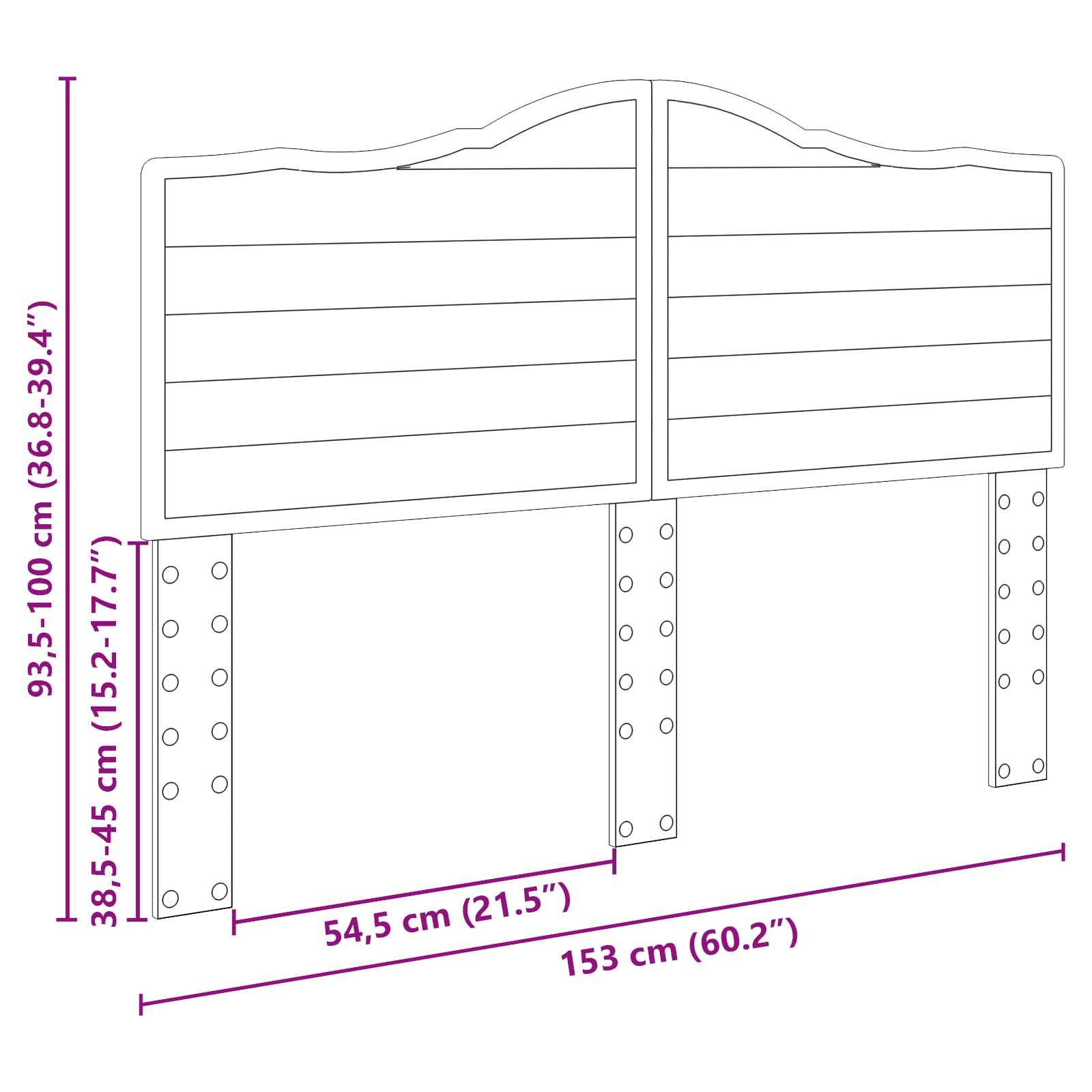 Illustration eines Kopfteils mit einstellbaren Höhenoptionen zwischen 93,5–100 cm und 38,5–45 cm. Breite ist 153 cm, Tiefe ist 54,5 cm.