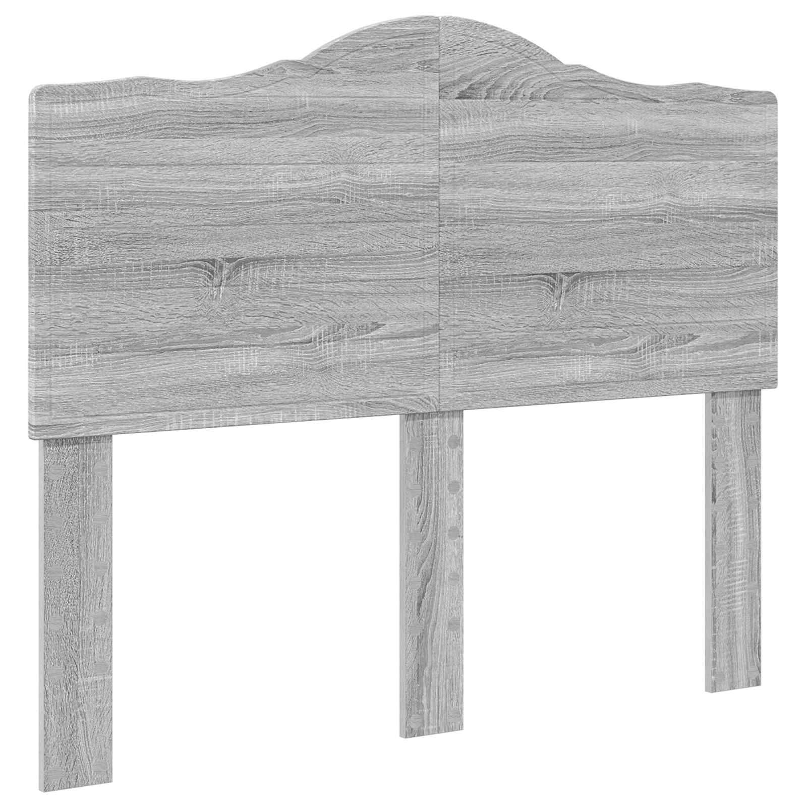 Ein Kopfbrett aus Holz mit abgerundeter Oberseite und vertikalen Stützbeinen, mit einer grauen Holzmaserung-Oberfläche. Geeignet für einen Bettrahmmen.