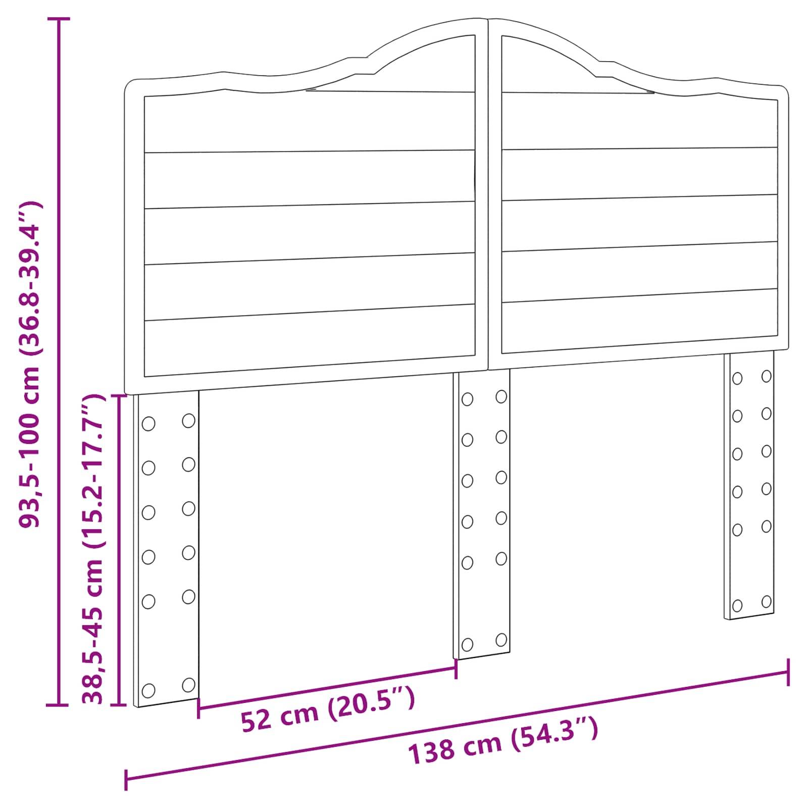 Diagramm eines verstellbaren Kopfteils. Abmessungen sind markiert: Höhe 93,5-100 cm (36,8-39,4