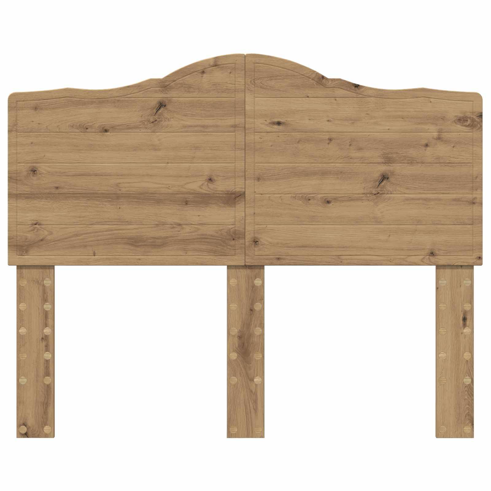 Ein Kopfteil aus Holz mit natürlicher Oberflächenbehandlung, das eine geschwungene Oberseite und vertikale Stützlatten aufweist. Das Design unterstreicht eine rustikale Ästhetik.