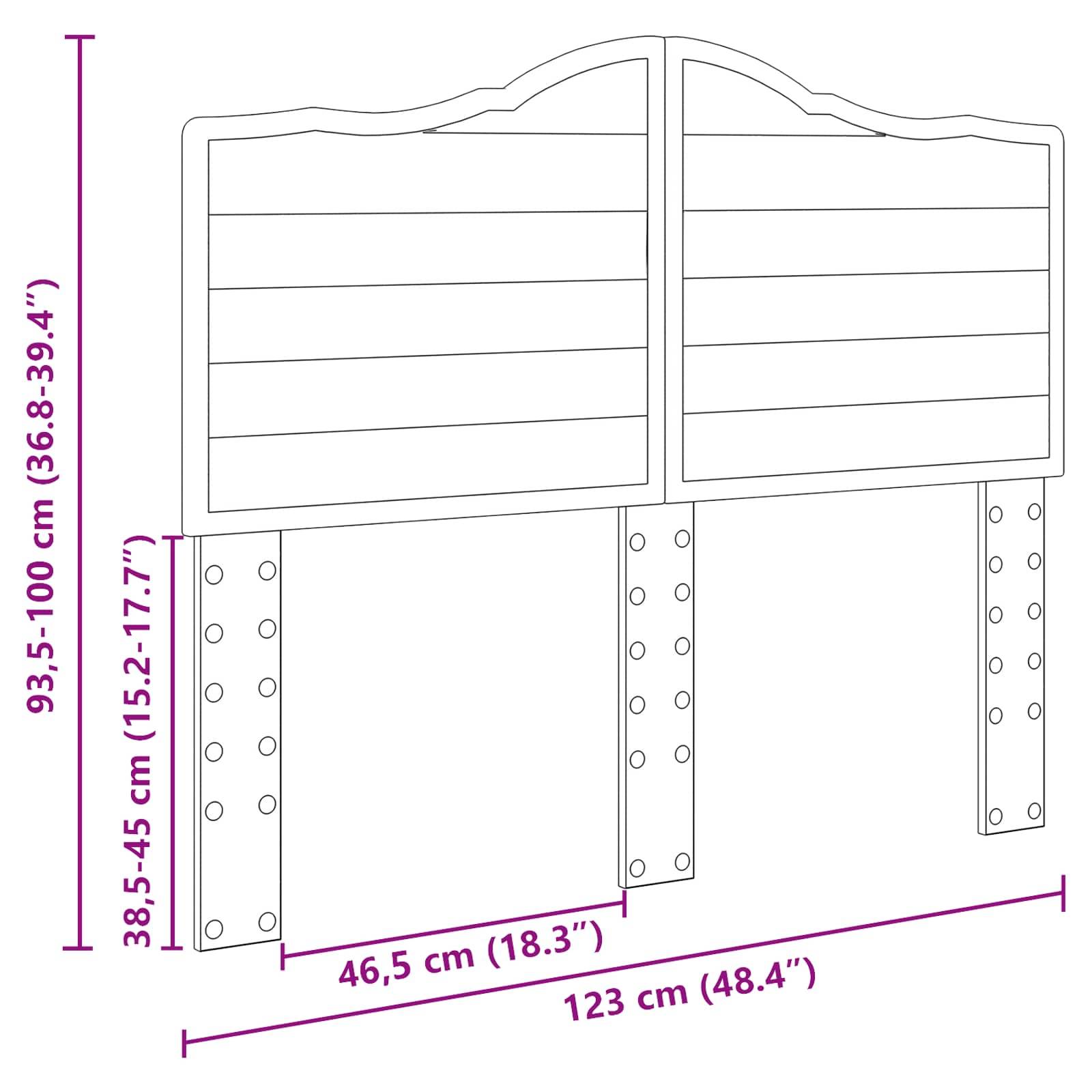 Abbildung eines Kopfteils mit Abmessungen: Höhe 93,5-100 cm, Breite 123 cm. Befestigungslöcher an Pfosten in Höhen von 38,5-45 cm.