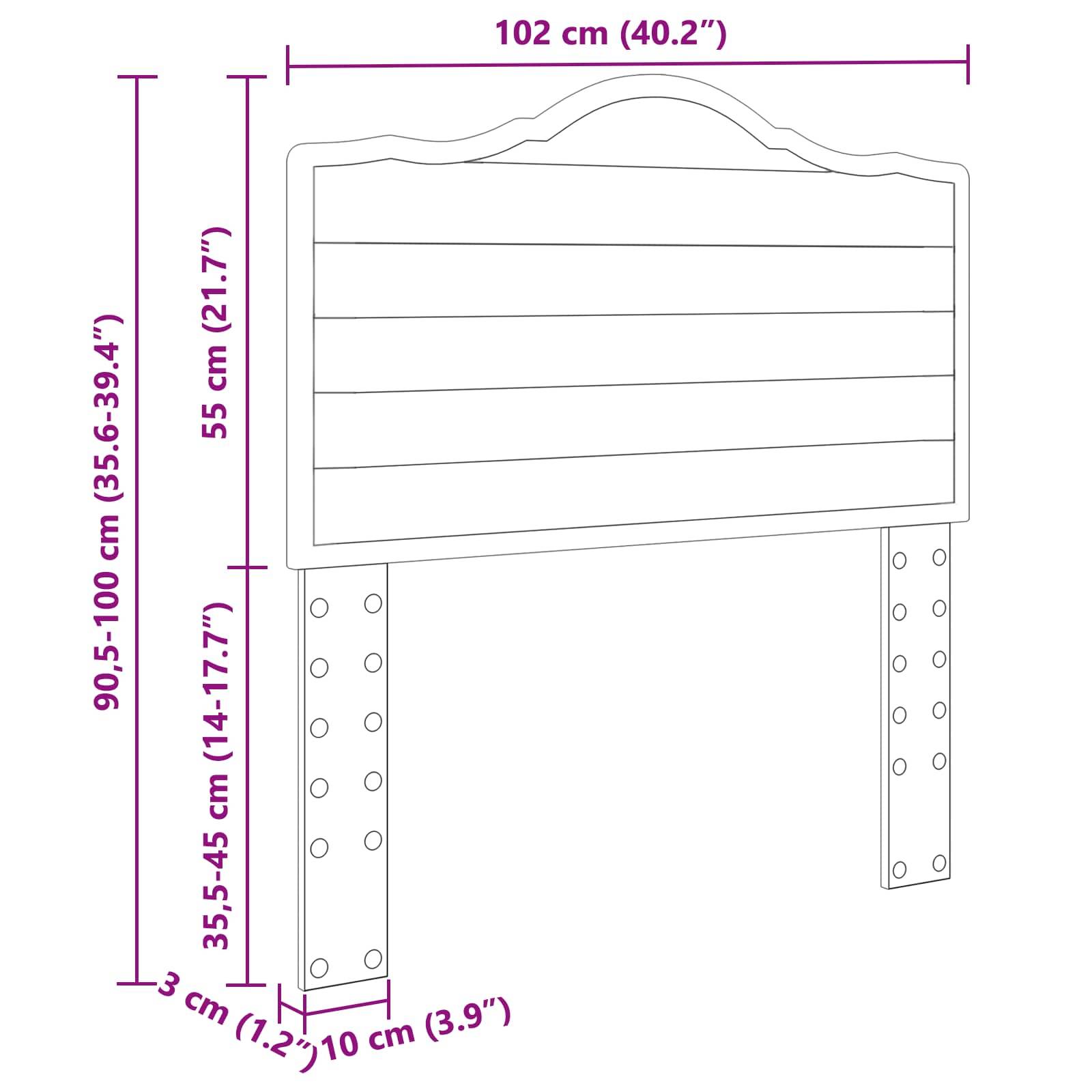 Ein Kopfteil mit Abmessungen: 102 cm breit, in der Höhe einstellbar zwischen 90,5-100 cm; Latten in 55 cm Höhe. Enthält Bohrlöcher zur Befestigung.
