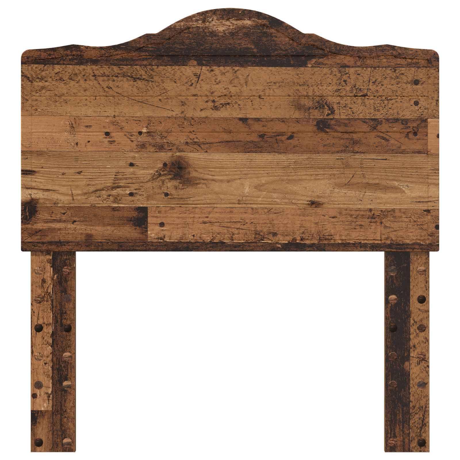 Holzkopfteil mit rustikalem, verwittertem Finish. Rechteckig mit gewölbter oberer Kante, das natürliche Holzmaserung zeigt.