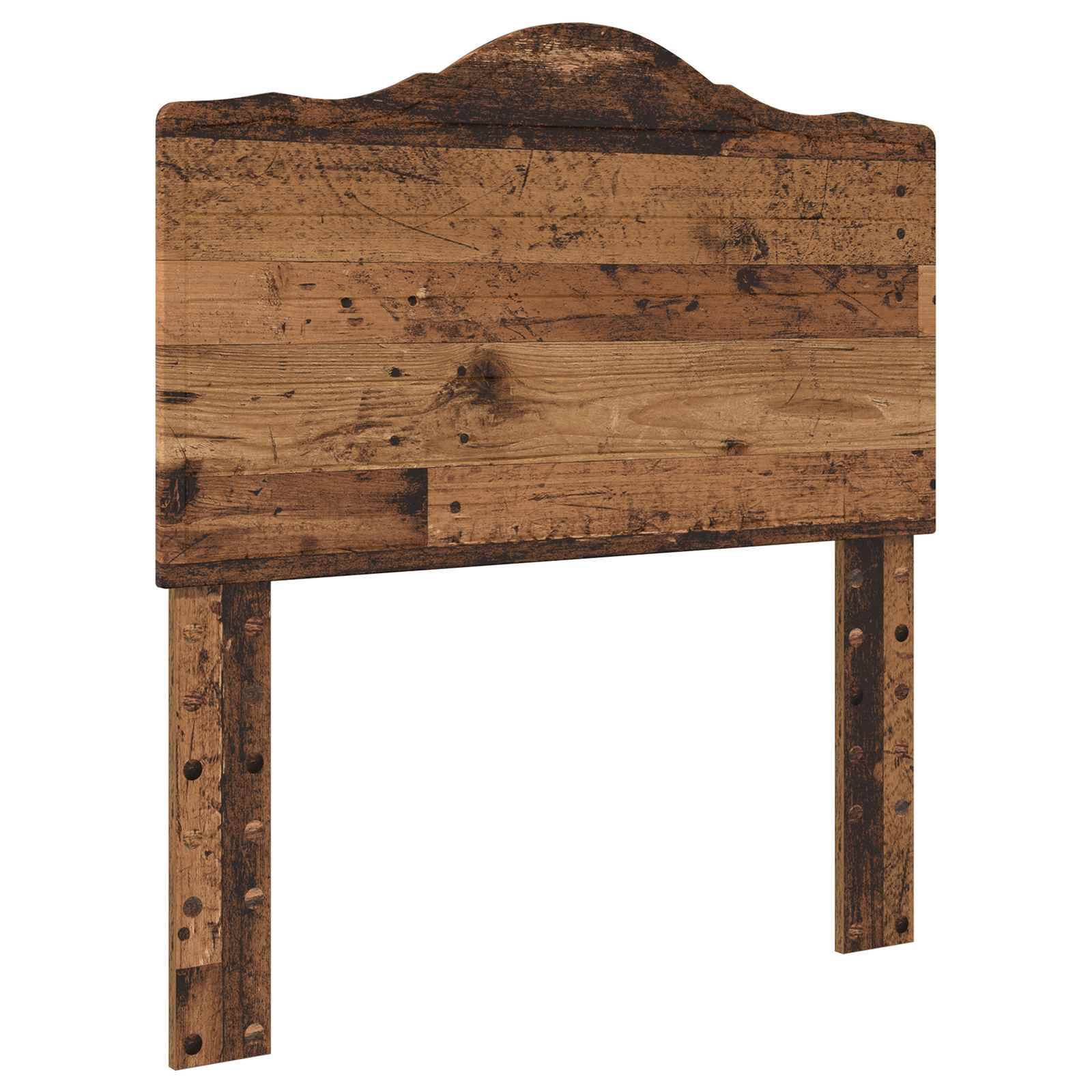 Rustikales Holzkopfteil mit gewölbter Oberseite und sichtbarer Holzmaserung, bestehend aus drei eingelassenen Paneelen und zwei vertikalen Stützleisten.