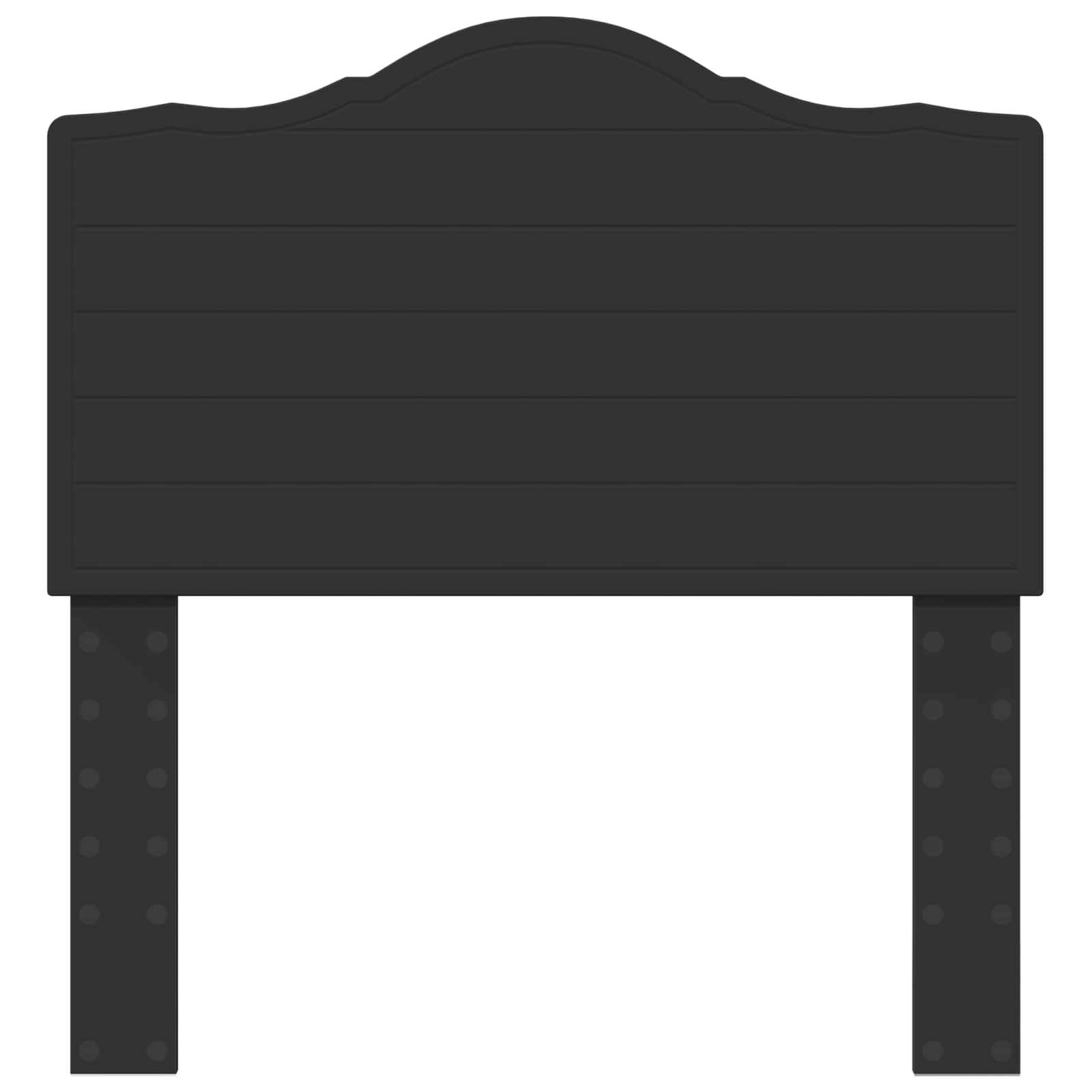 Ein leeres, dunkles, rechteckiges Schild mit verziertem gewölbtem Oberteil und zwei Stützpfosten.