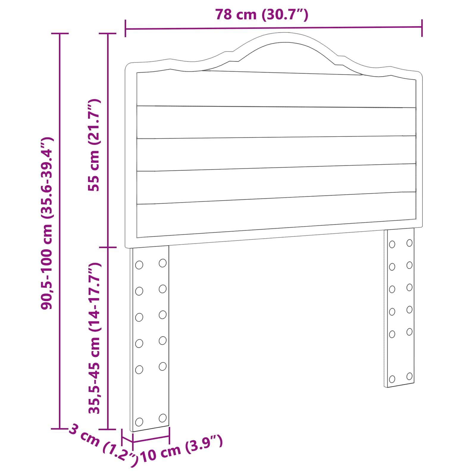 Diagramm eines Kopfteils mit Abmessungen: 78 cm (30,7