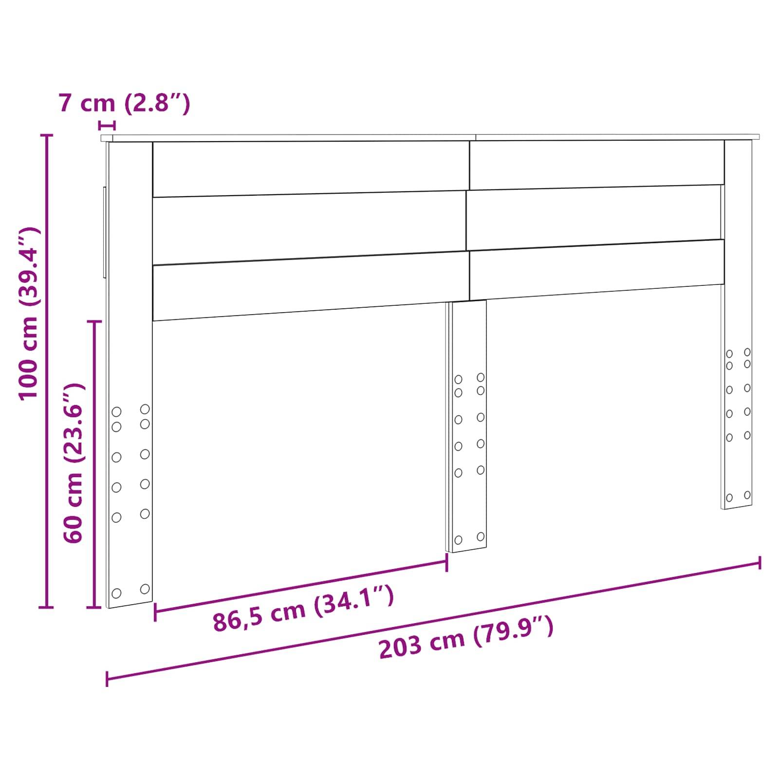 Kopfteildimensionen: 203 cm breit, 100 cm hoch, verstellbare Beinhöhen bei 60 cm und 86,5 cm. Tiefe des oberen Abschnitts 7 cm.