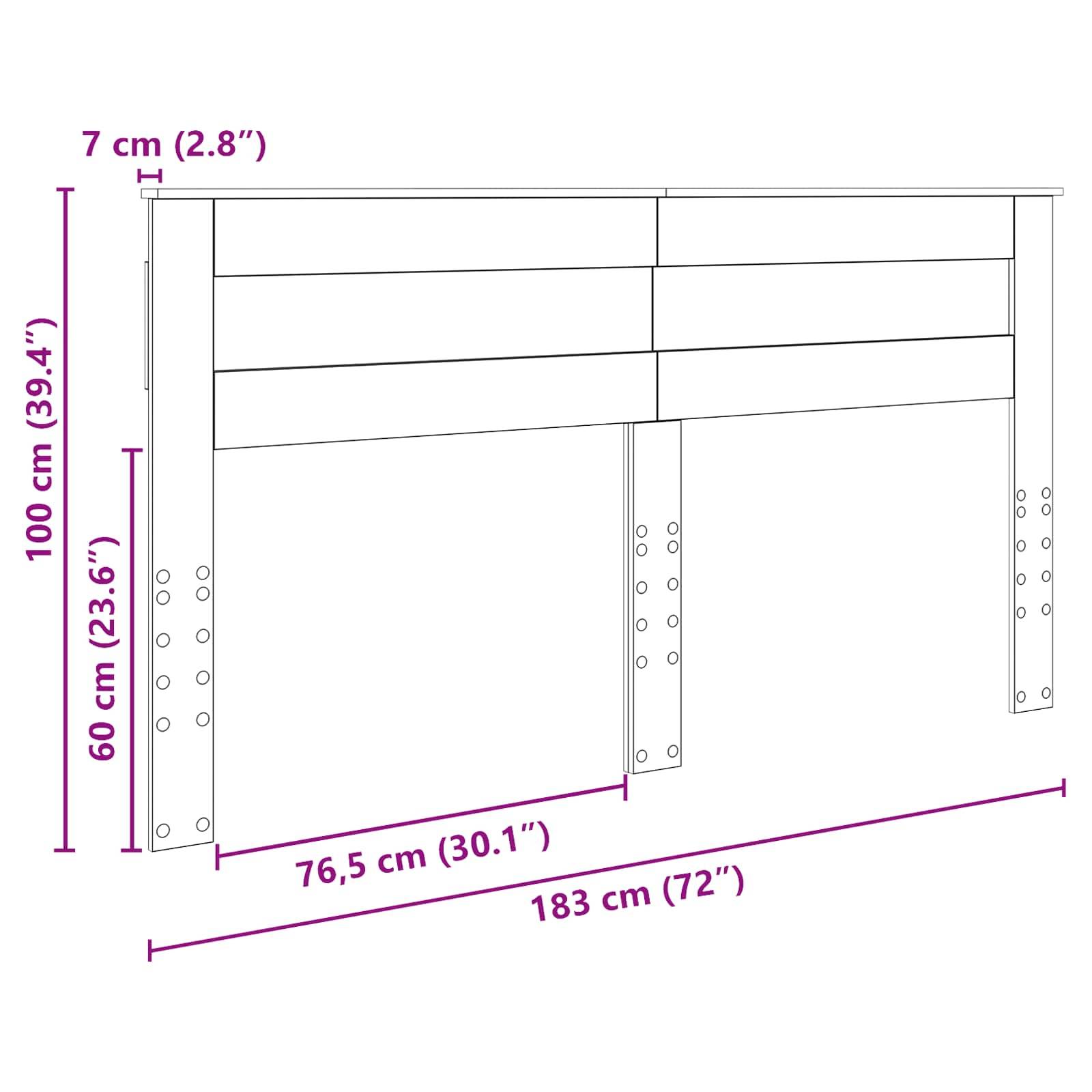 Diagramm eines Kopfteils mit verstellbaren Beinen, das folgende Abmessungen zeigt: 183 cm breit, 100 cm hoch, Beinverstellungen bei 60 cm und 76,5 cm.