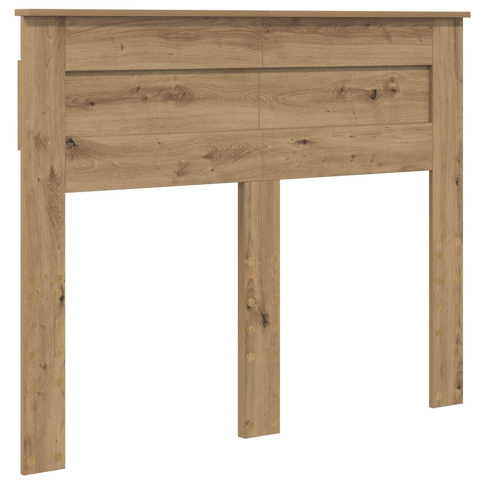Ein Kopfbrett aus Holz mit natürlicher Oberflächenbehandlung, mit vertikalen und horizontalen Paneelen, entwickelt für einen Bettrahmen.
