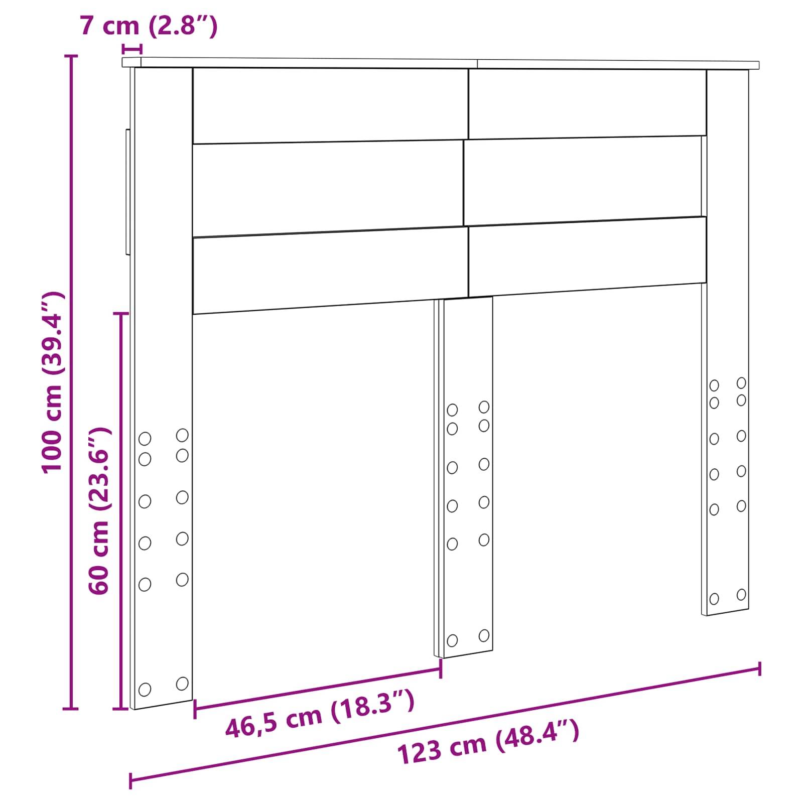Illustration eines Kopfteils mit Abmessungen: Höhe 100 cm, Breite 123 cm, Beinhöhe 60 cm. Enthält Bohrlochmarkierungen zur Montage.
