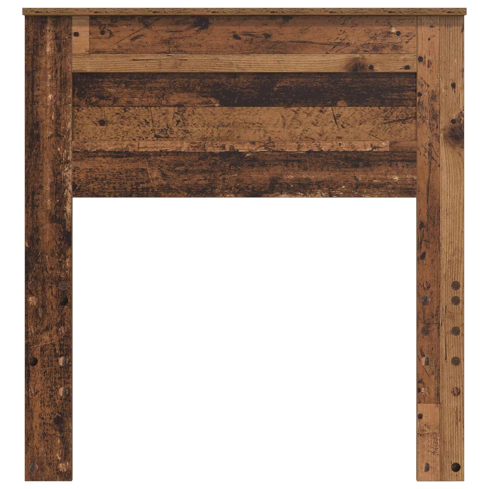 Holzkaminsims mit rustikalem Finish, bestehend aus vertikalen und horizontalen Brettern, Nageldetails und einem einfachen oberen Gesims.