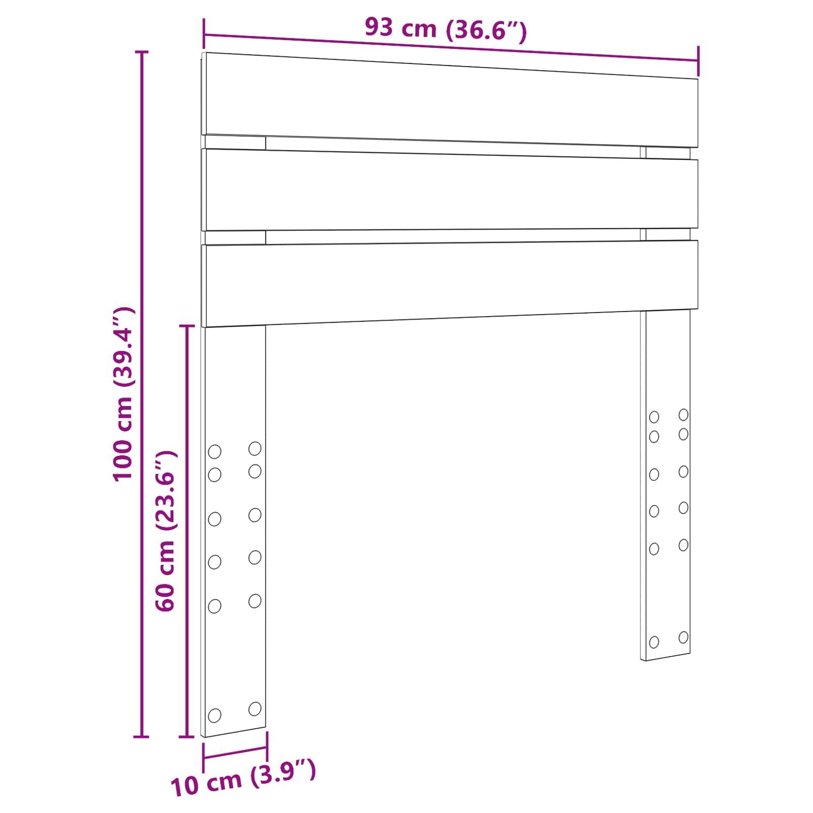 „Diagramm eines Kopfteils mit Abmessungen: Breite 93 cm (36,6"), Höhe 100 cm (39,4""), Beinlänge 60 cm (23,6""), Fußbreite 10 cm (3,9"")."