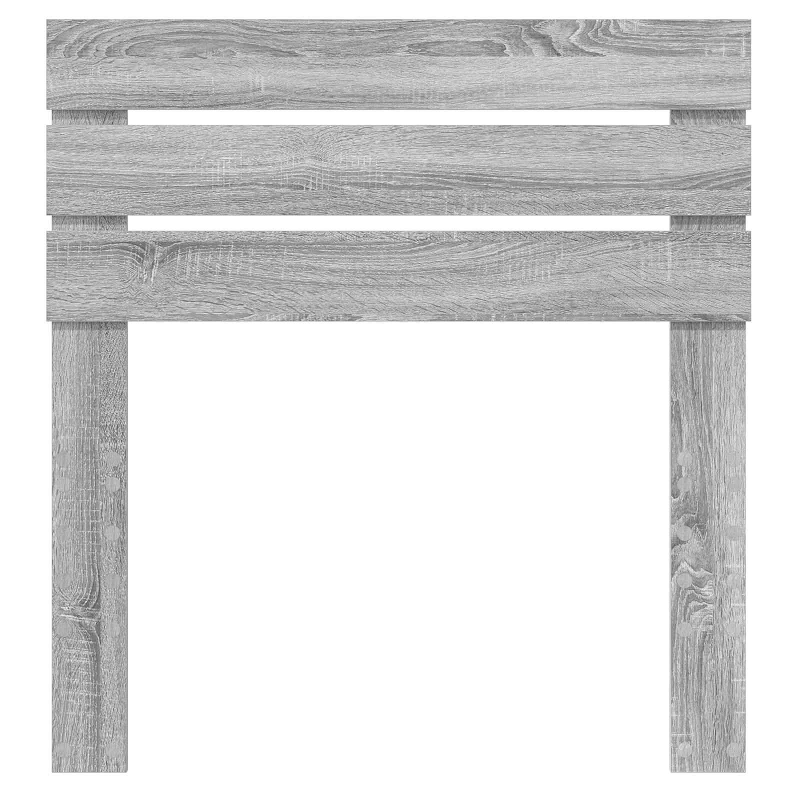 Ein hellgrauer Holzbettrahmen mit Lamellenentwurf und strukturierter Holzmaserungsfinish, mit zwei vertikalen Stützbeinen.