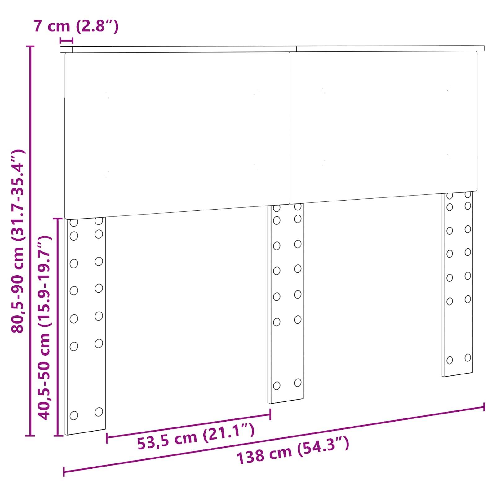 Kopfteildimensionen: Höhe verstellbar (80,5-90 cm oder 31,7-35,4 Zoll) und (40,5-50 cm oder 15,9-19,7 Zoll), Breite: 138 cm (54,3 Zoll).