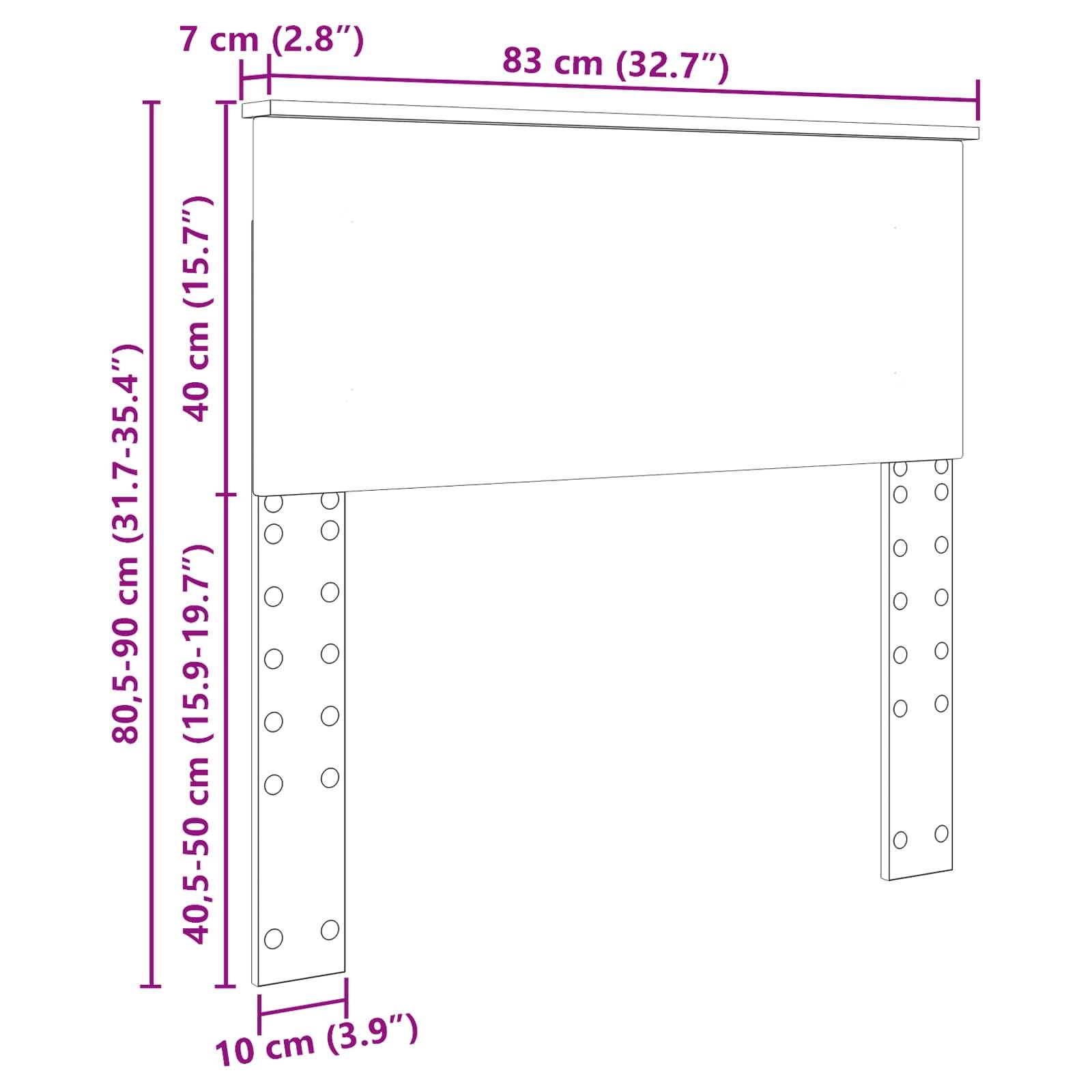 Kopfteilabmessungen: Breite 83 cm (32,7 Zoll), Höhe 40 cm (15,7 Zoll), Beine verstellbar von 40,5 bis 90 cm (15,9 bis 35,4 Zoll).