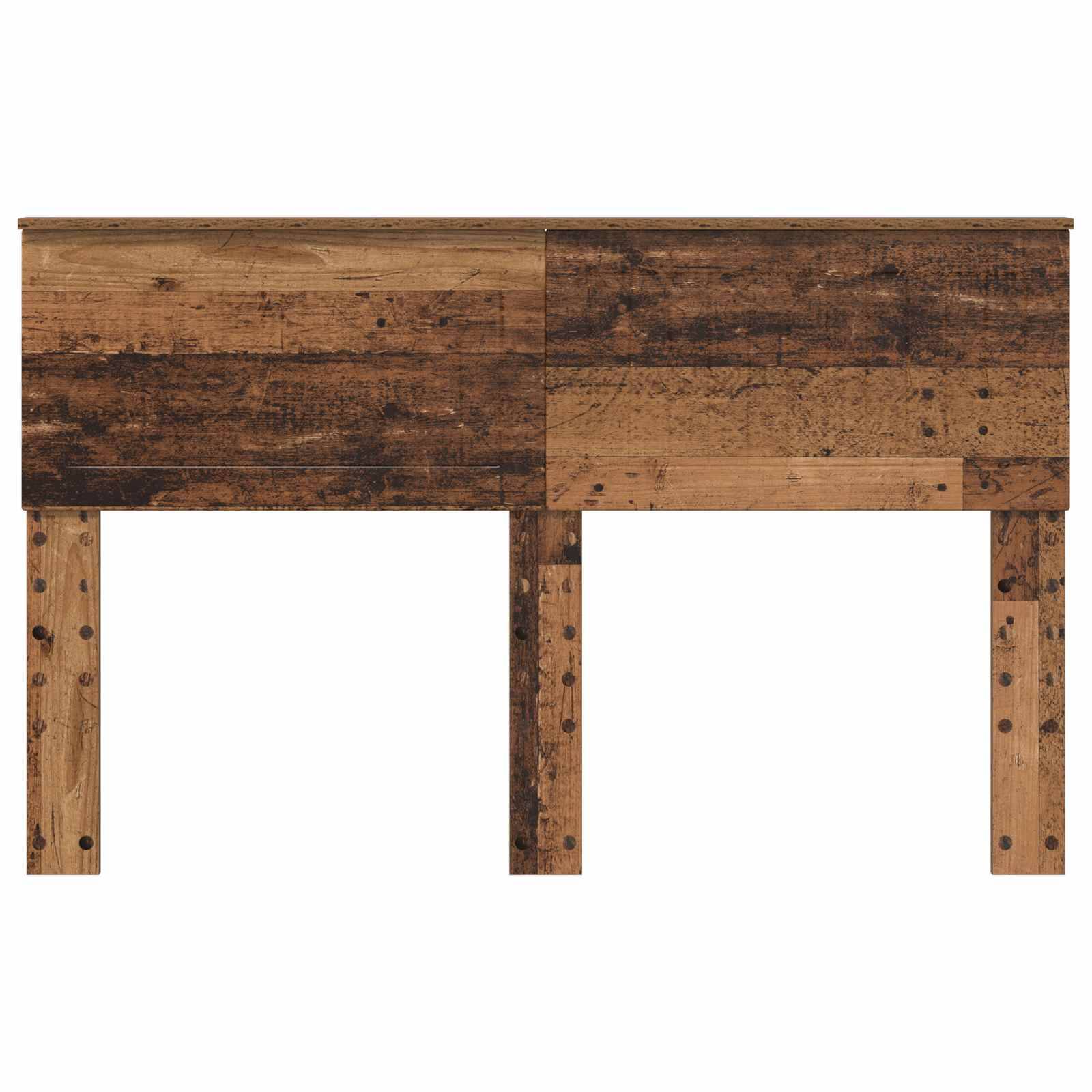 Ein rustikales Holzkopfende mit natürlicher, abgenutzter Oberfläche und sichtbarer Holzmaserung, gestützt durch robuste, passende Holzbeine.