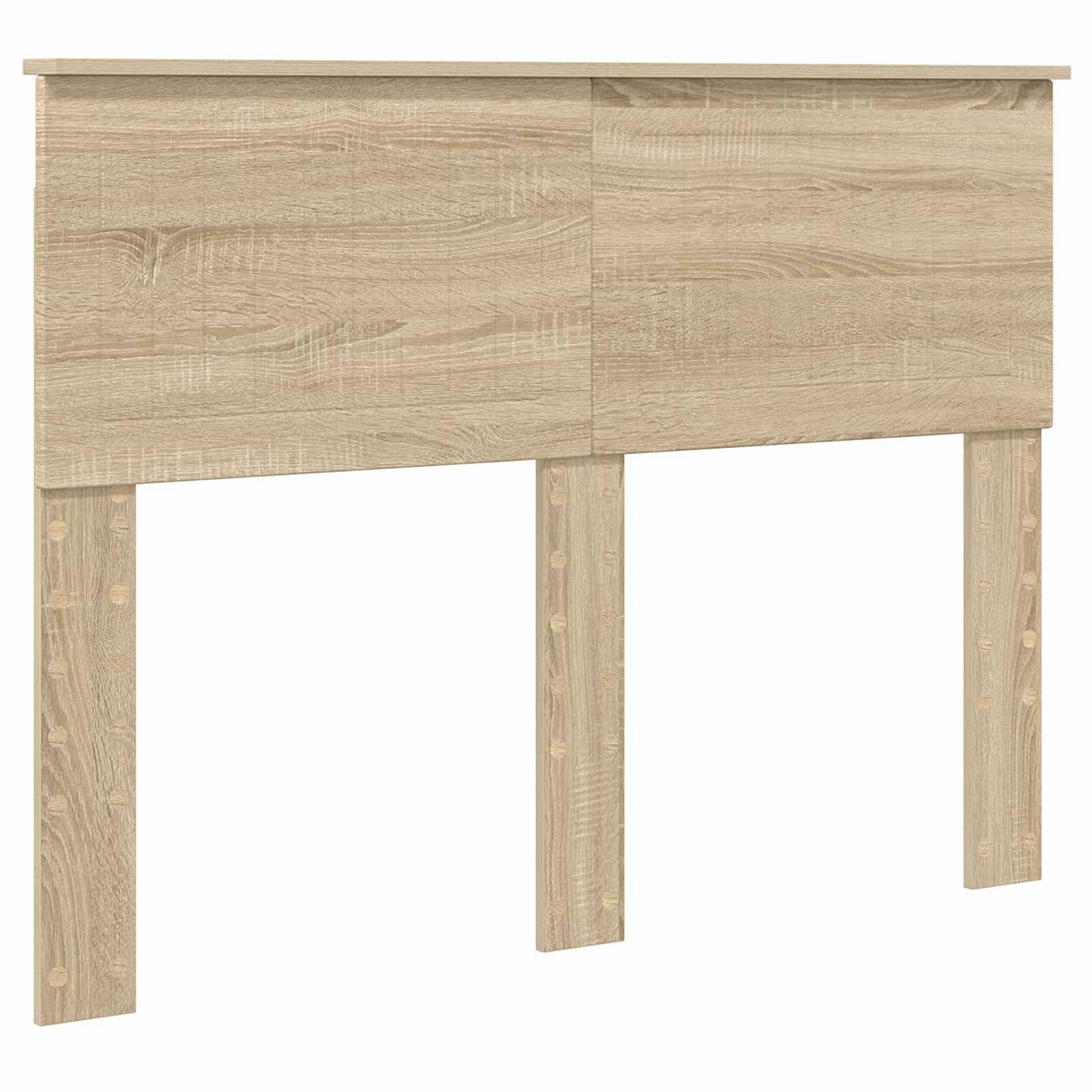 Helles Holz-Kopfbrett mit rechteckigem Paneldesign und drei vertikalen Stützbeinen, geeignet für ein Schlafzimmer.