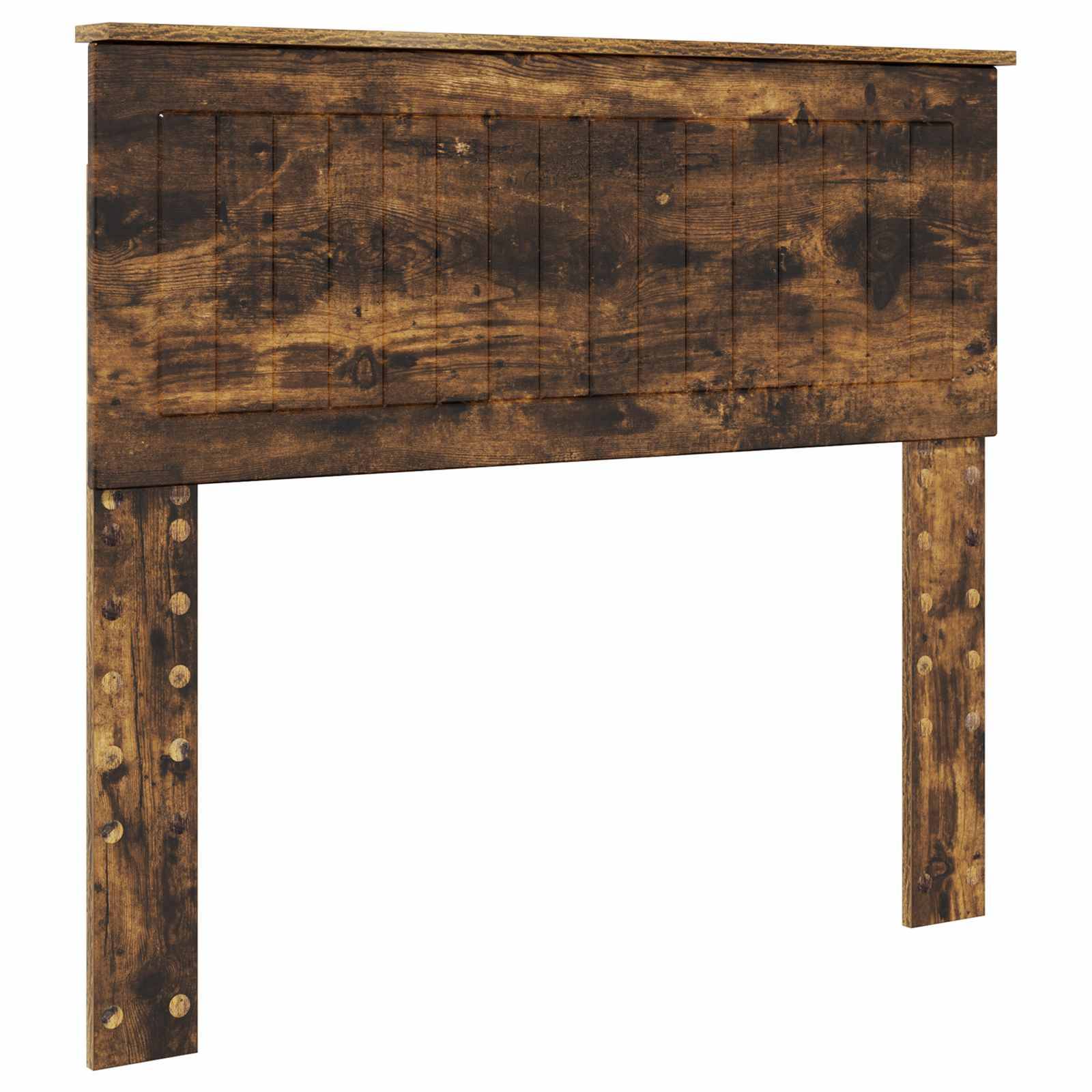 Rustikales Holzkopfende mit vertikalen Latten und rustikaler Oberfläche, gestützt durch zwei robuste Beine, geeignet für ein Schlafzimmer im Vintage-Stil.