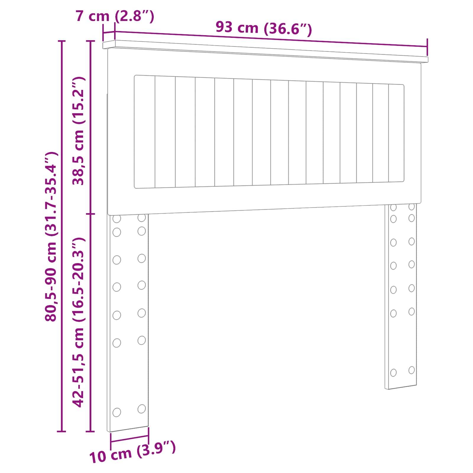 Illustration eines Kopfteils mit Abmessungen: Breite 93 cm, Tiefe 7 cm, variable Höhe 80,5-90 cm. Beine mit mehreren Höheneinstellungen.
