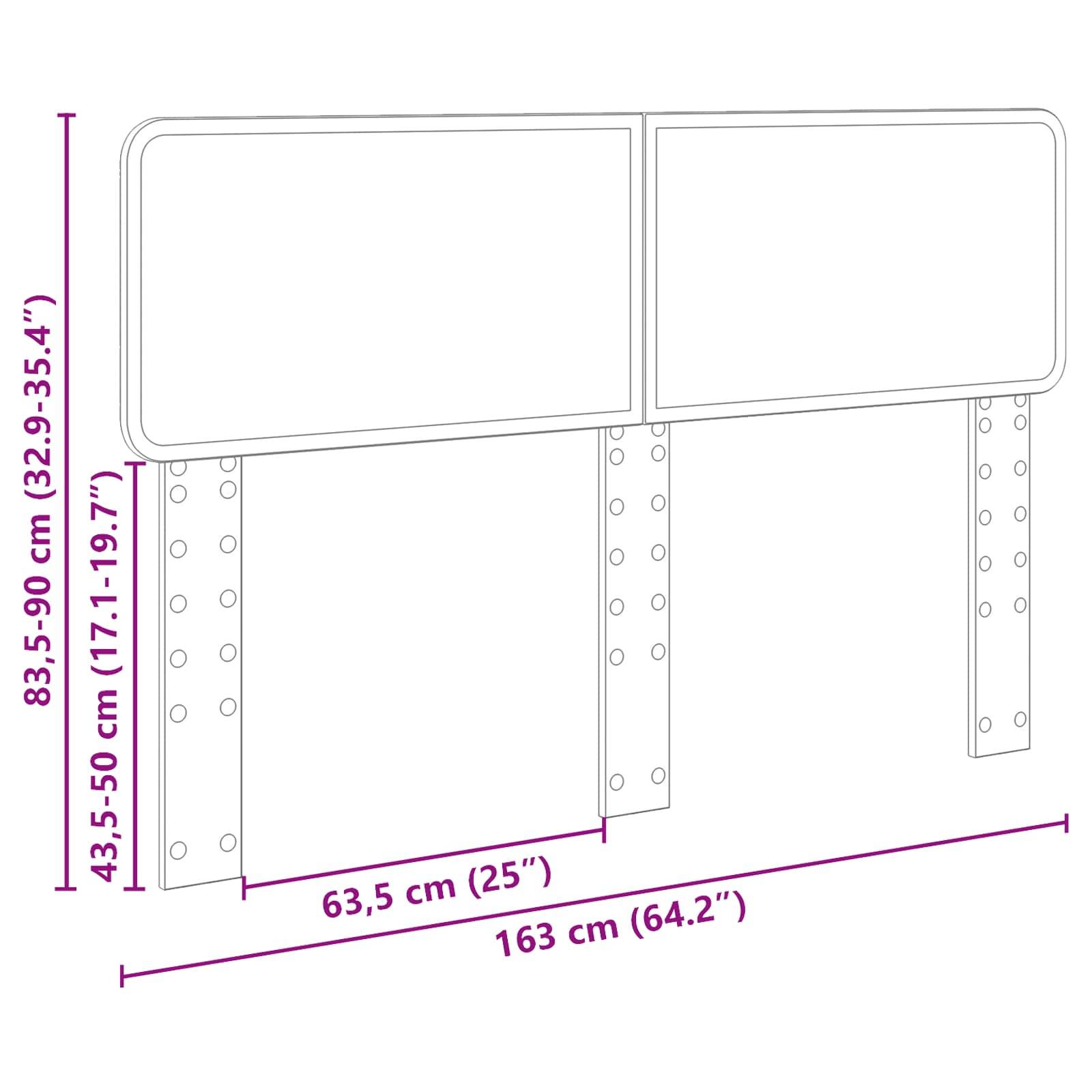 Illustration eines zweiflügeligen Schilds mit Höhenverstellungen. Beschriftete Abmessungen: Gesamtbreite 163 cm, Panelbreite 63,5 cm, verstellbare Höhe 83,5-90 cm, Pfostenhöhe 43,5-50 cm.