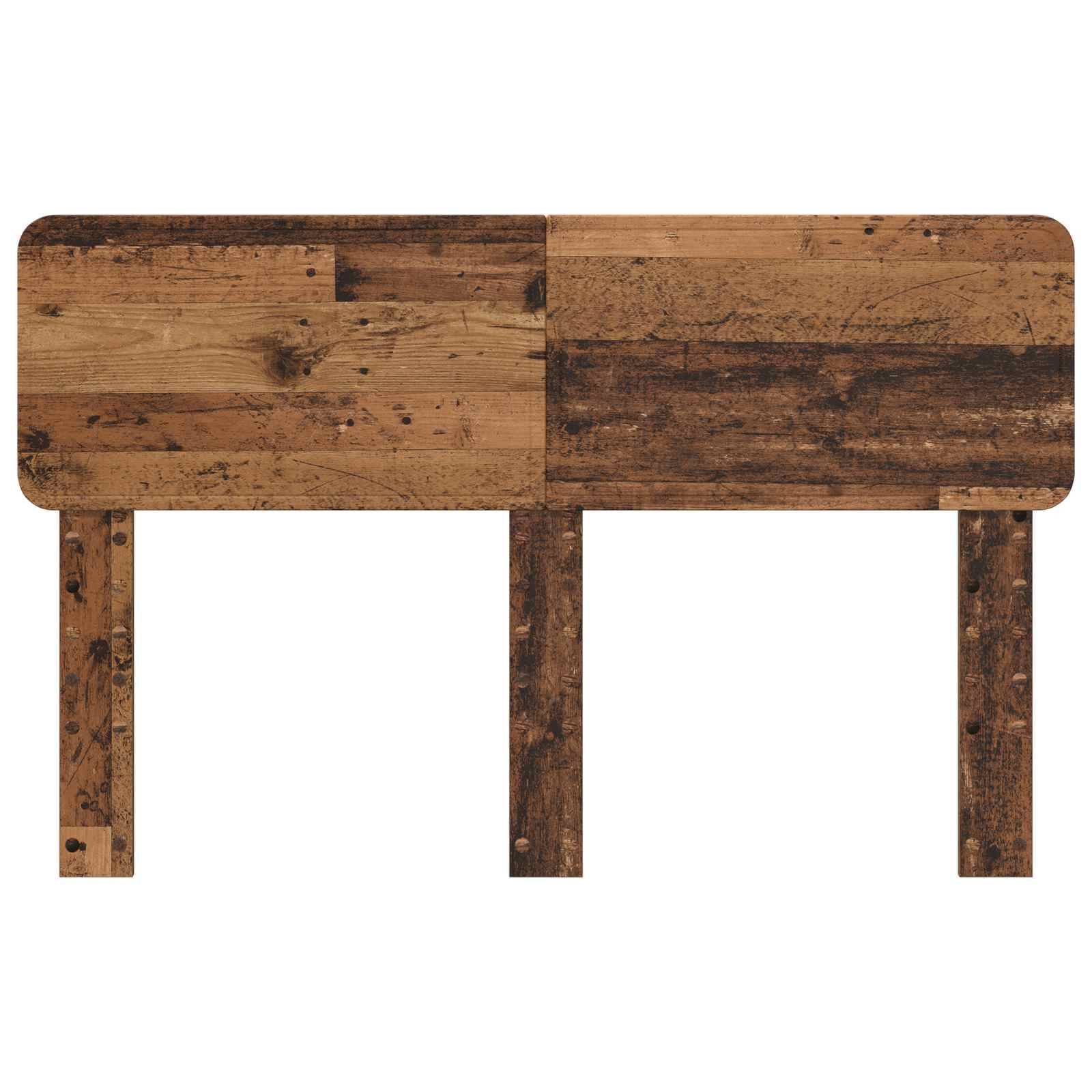 Ein rechteckiges, hölzernes Kopfbrett mit rustikalem Finish, das drei vertikale Stützpfosten aufweist und für ein Doppelbett geeignet ist.