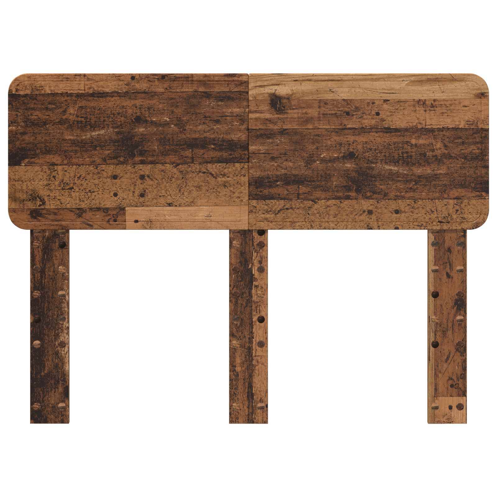 Ein rustikaler Holztisch mit einer braunen, verwitterten Oberfläche, ausgestattet mit drei stabilen Beinen und einer rechteckigen Tischplatte.