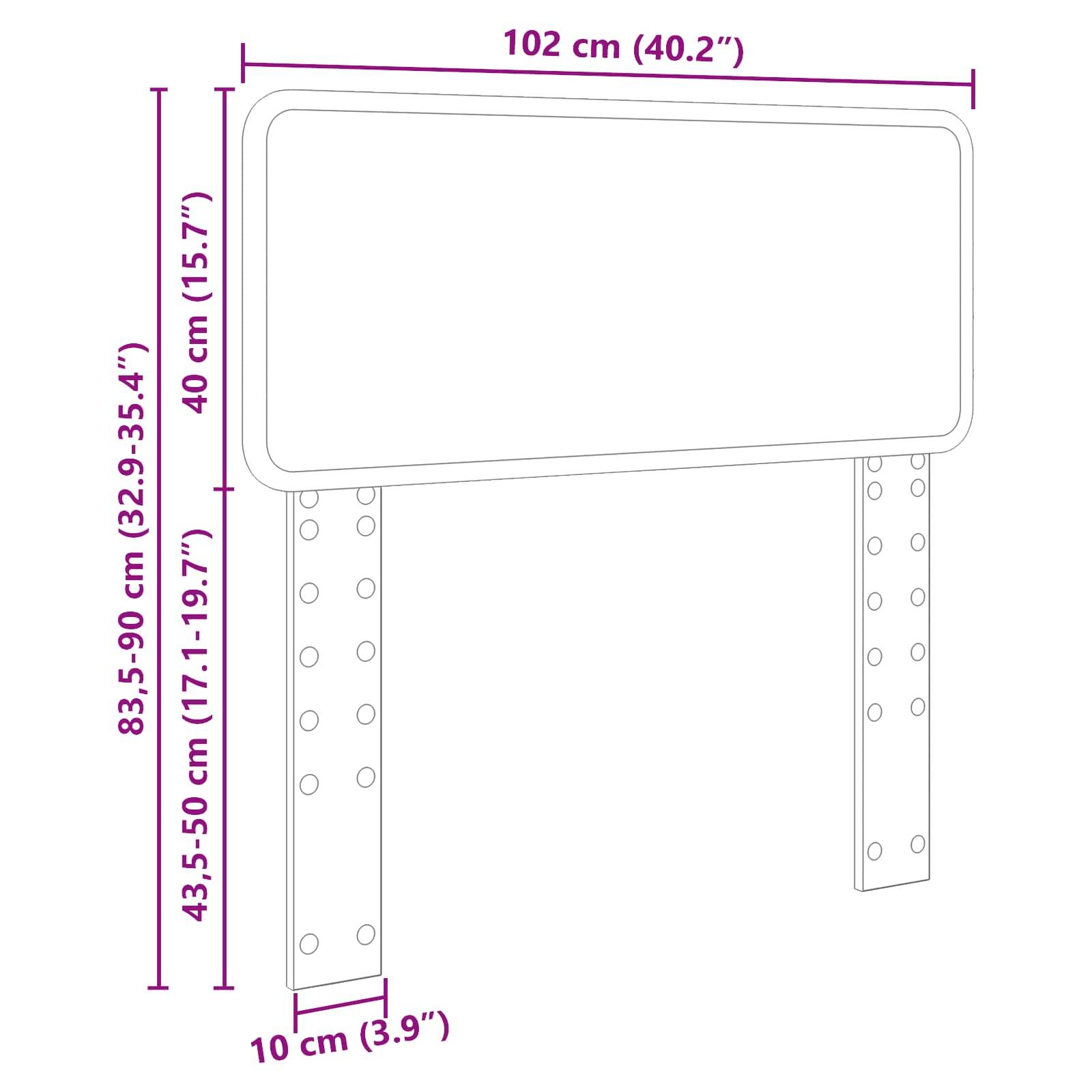 Rechteckiges Schild Dimensionen: 102 cm breit, 40 cm hoch, positioniert 83,5-90 cm vom Boden entfernt, mit 30,5 cm hohen Stützbeinen, Löcher zur Montage.