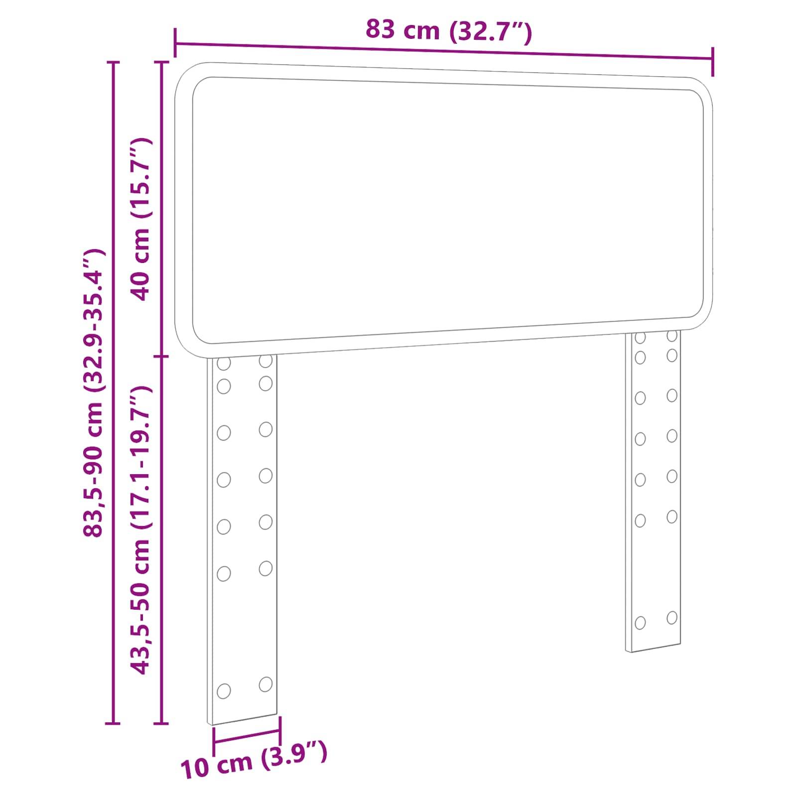 Ein Diagramm zeigt ein rechteckiges Schild mit verstellbaren Stützpfosten. Die Messungen geben Breiten und Höhen in Zentimetern und Zoll an.