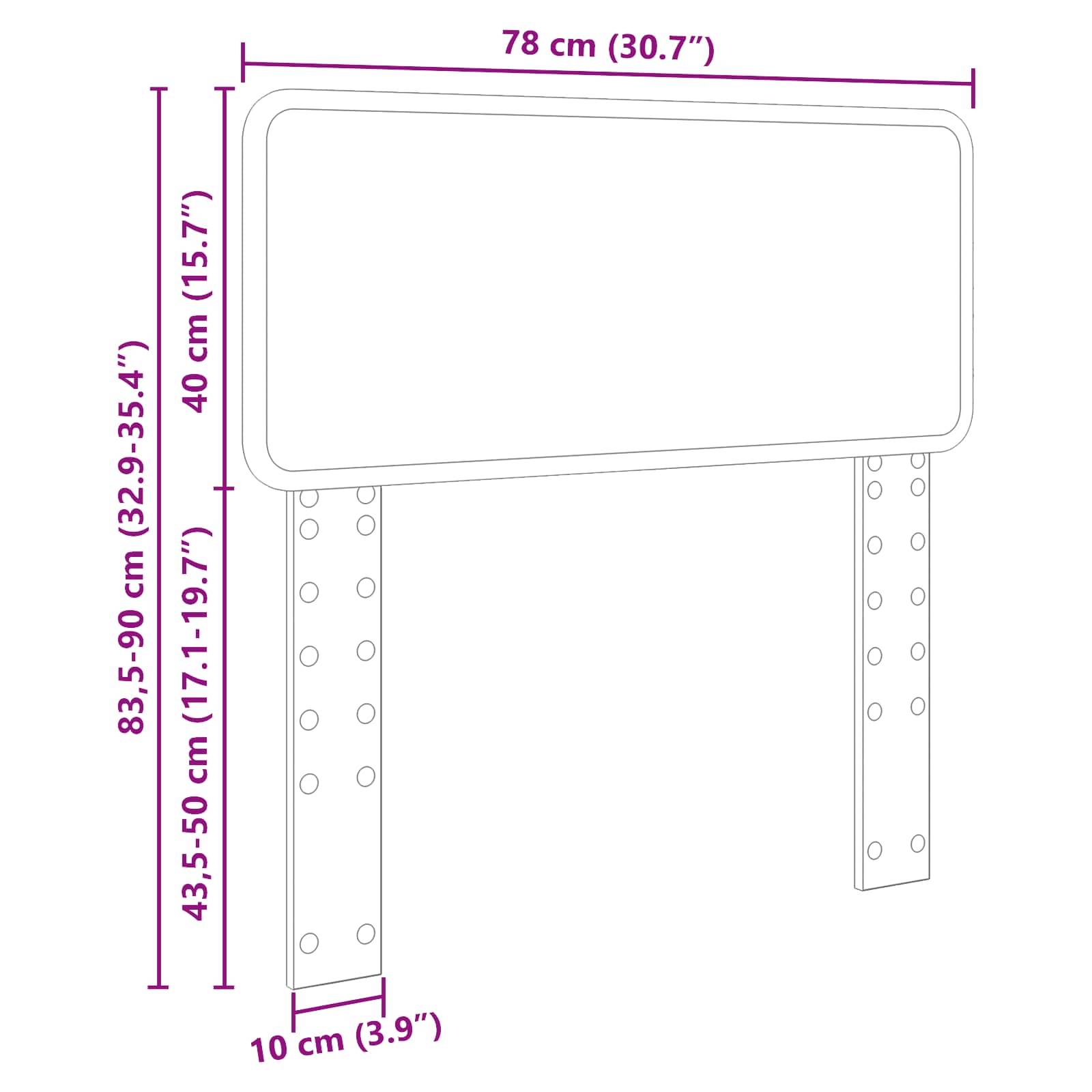 Diagramm eines rechteckigen Schildes mit einer Breite von 78 cm und einer Höhe von 40 cm. Es ist auf zwei verstellbaren Pfosten mit Abmessungen von 83,5–90 cm und 43,5–50 cm montiert.
