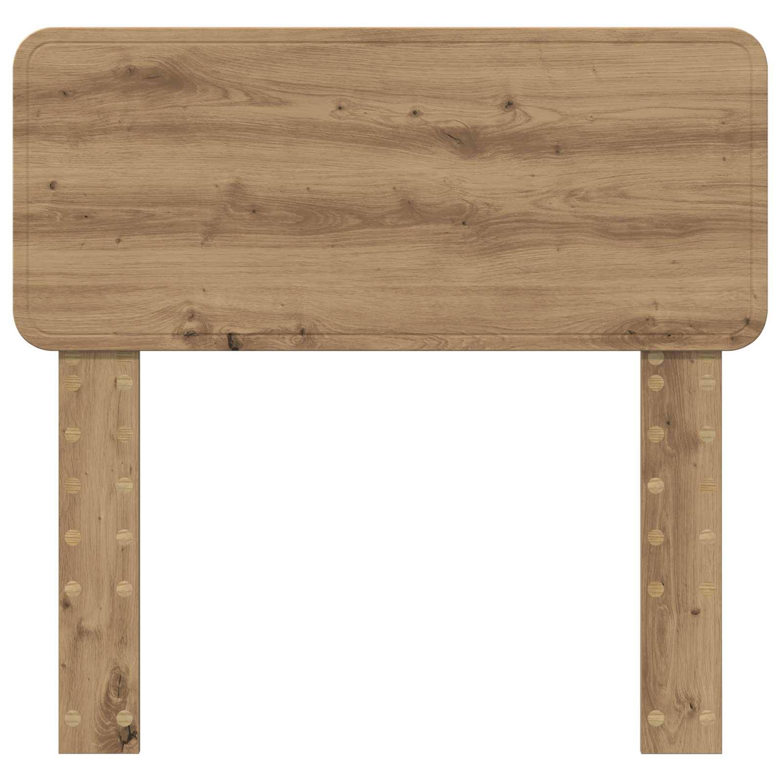 Ein Kopfbrett aus Holz mit natürlicher Eichenfinish, bestehend aus einem rechteckigen Panel und zwei vertikalen Beinen mit glatter, körniger Textur.