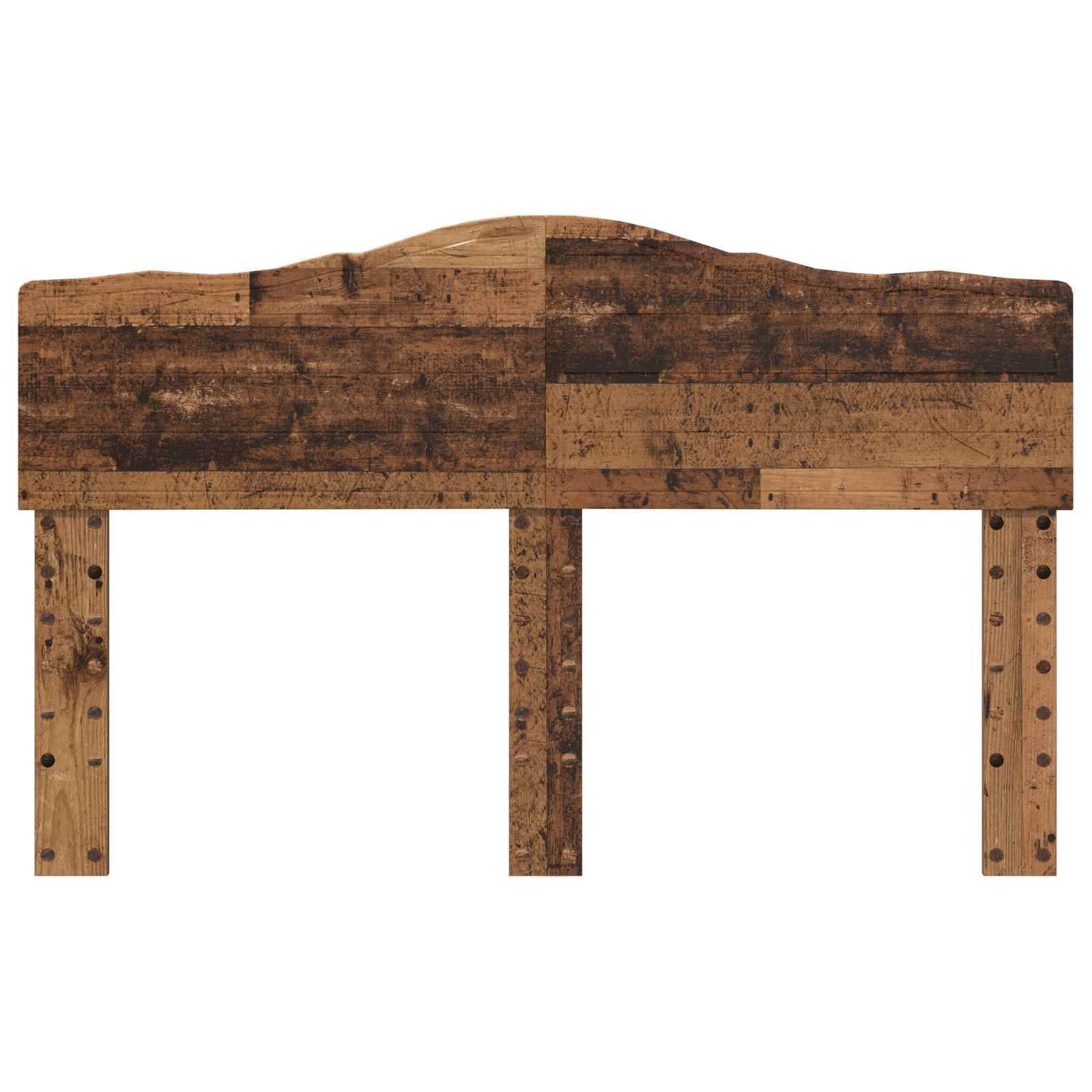 Holzkopfende mit rustikalem Finish, mit gewölbtem oberen Ende und zwei vertikalen Stützleisten auf jeder Seite.