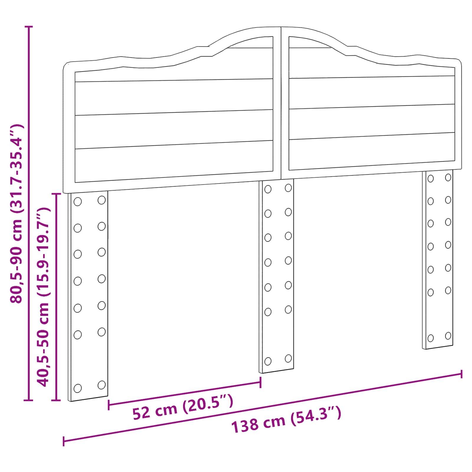 Kopfbrettabmessungen: Die Breite beträgt 138 cm (54,3 Zoll), die Beinbreite beträgt 52 cm (20,5 Zoll). Die Höhe ist verstellbar: 80,5-90 cm (31,7-35,4 Zoll) insgesamt, 40,5-50 cm (15,9-19,7 Zoll) ohne Beine.