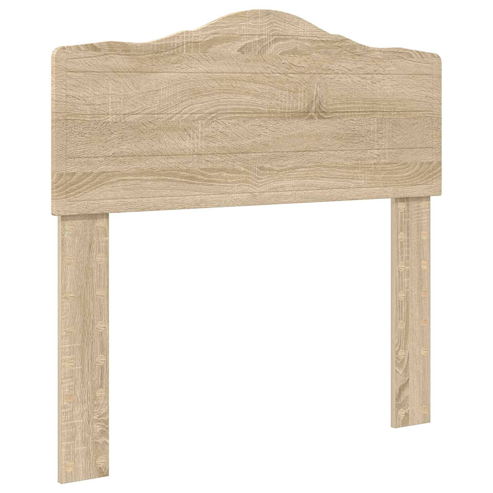Ein Kopfbrett aus Holz mit hellem Eichenfinish und leicht gewölbter Oberseite, gestützt von zwei nach unten verlaufenden Pfosten.