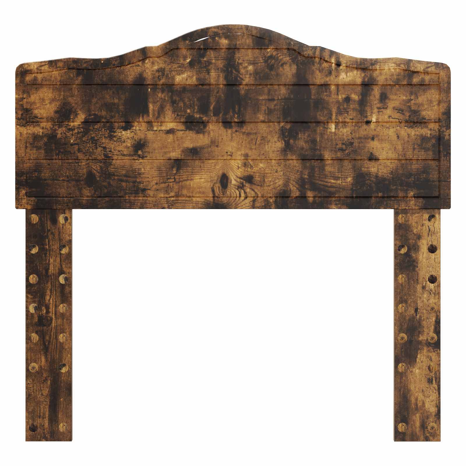 Ein Kopfbrett aus Holz mit rustikalem Finish, mit einer gewölbten oberen Kante und gepunkteten Mustern auf den Beinen.