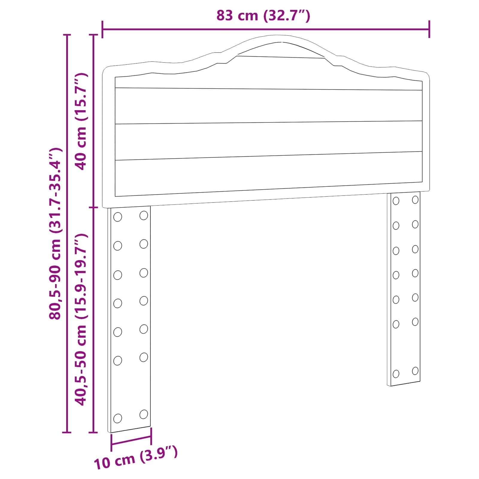 Holzkopfteil mit Abmessungen: 83 cm (Breite), 40 cm (Höhe). Verstellbare Beine: 80,5-90 cm (Höhe), 40,5-50 cm (Länge), 10 cm (Tiefe).