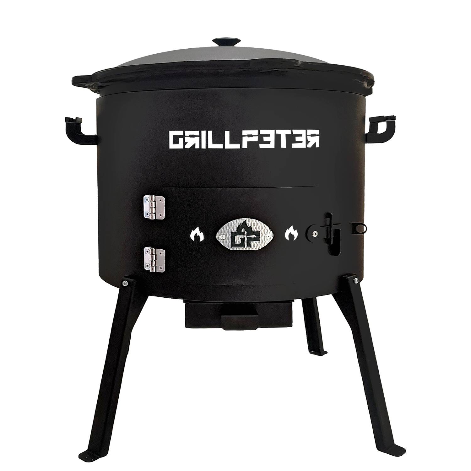 Ein schwarzer runder Grill mit Deckel, auf dem vorne der Text 'GRILLFATER' und ein Feuersymbol darunter angebracht sind, der auf drei Beinen steht.