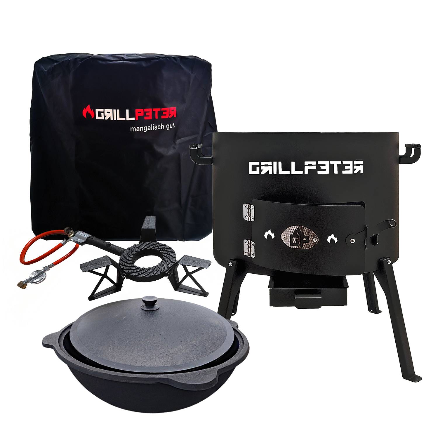 Ein tragbares Outdoor-Grillset enthält einen Grill, eine Abdeckung, einen Gusseisentopf und Zubehör. Es ist schwarz, und die Marke 'Grillpeter' ist sichtbar.
