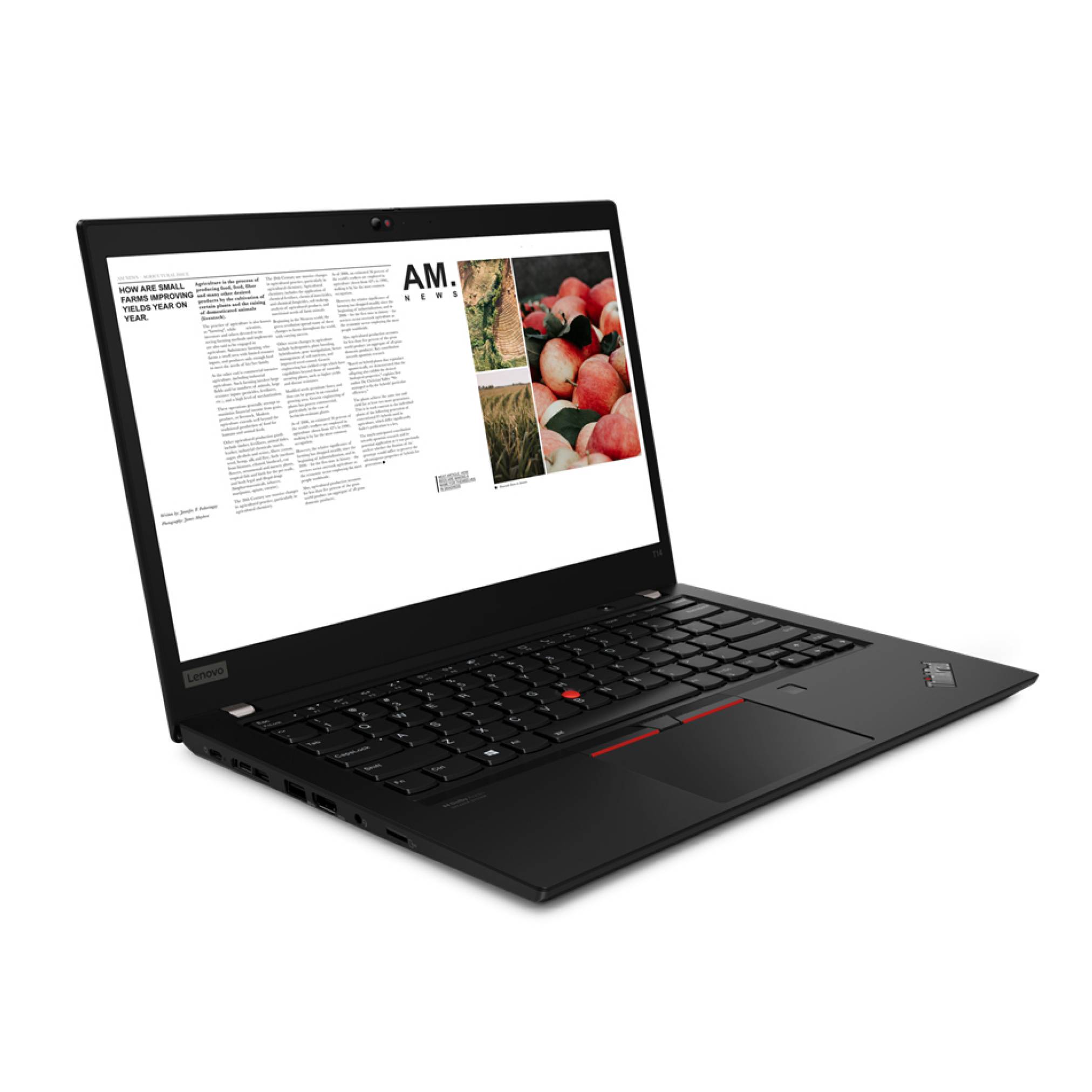 Ein 'ThinkPad X1 Carbon Gen 10', der eine Webseite mit Bildern von Äpfeln anzeigt; schlankes schwarzes Design, geöffneter Bildschirm, QWERTZ-Tastatur sichtbar.