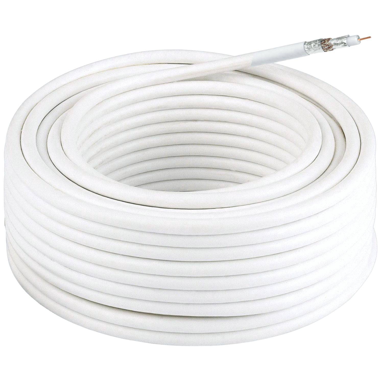Ein gewickeltes weißes Koaxialkabel mit einem sichtbaren Anschluss an einem Ende, geeignet für die Übertragung von Fernseh- oder Internetsignalen.