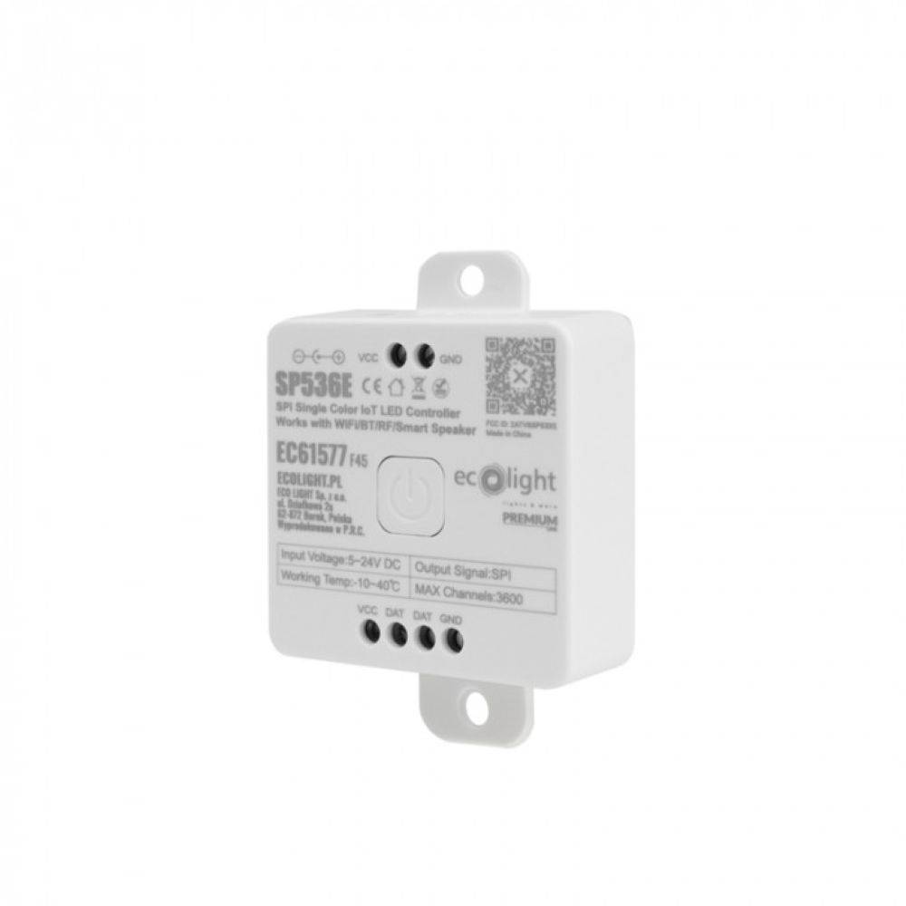 Ein SP536E Smart-LED-Controller mit QR-Code, der WLAN und Sprachsteuerung per Smart Speaker unterstützt, hergestellt von ecolight, in weißer Ausführung.