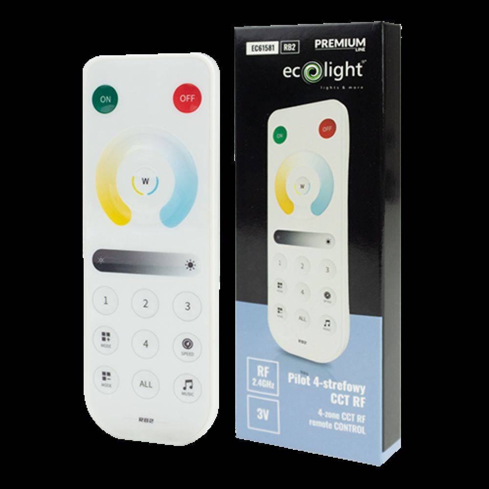 Paket für Premium-Ecolight-Fernbedienung mit Funk (RF), die eine weiße Fernbedienung mit farbigen kreisförmigen Tasten für Lichteinstellungen zeigt.