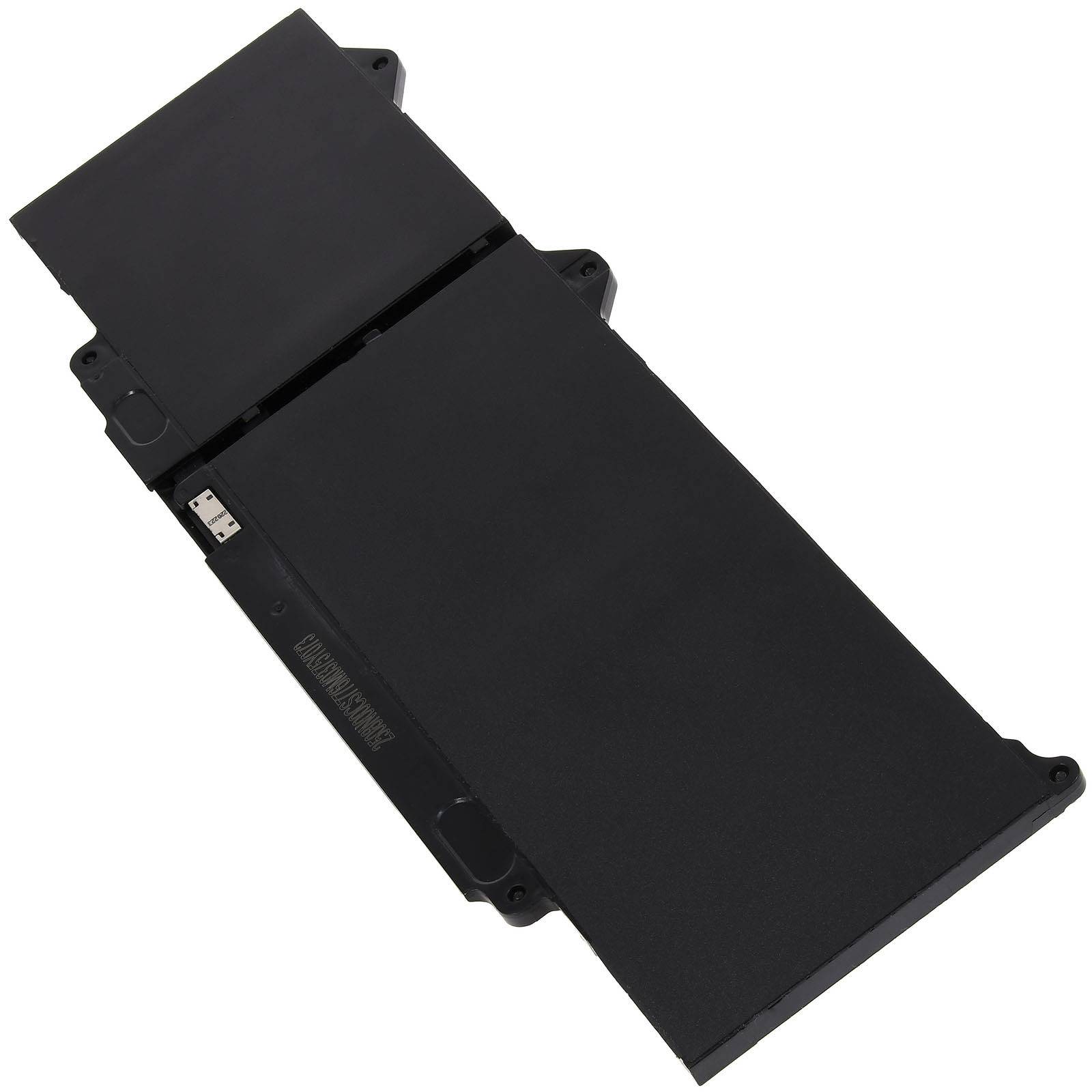 Eine schwarze Laptop-Batterie mit rechteckiger Form und Anschlussklemmen, die entwickelt wurde, um in bestimmte Laptop-Modelle einzupassen und diese mit Strom zu versorgen.