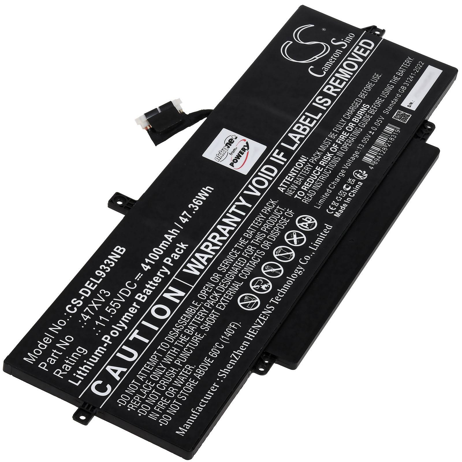 Rechteckiger Lithium-Polymer-Akku mit Modellnummer CS-DEL933NB, 7,4V, 1000mAh Kapazität. Warnung: 'GARANTIE ERLISCHT BEI ENTFERNUNG DES ETIKETTS'.