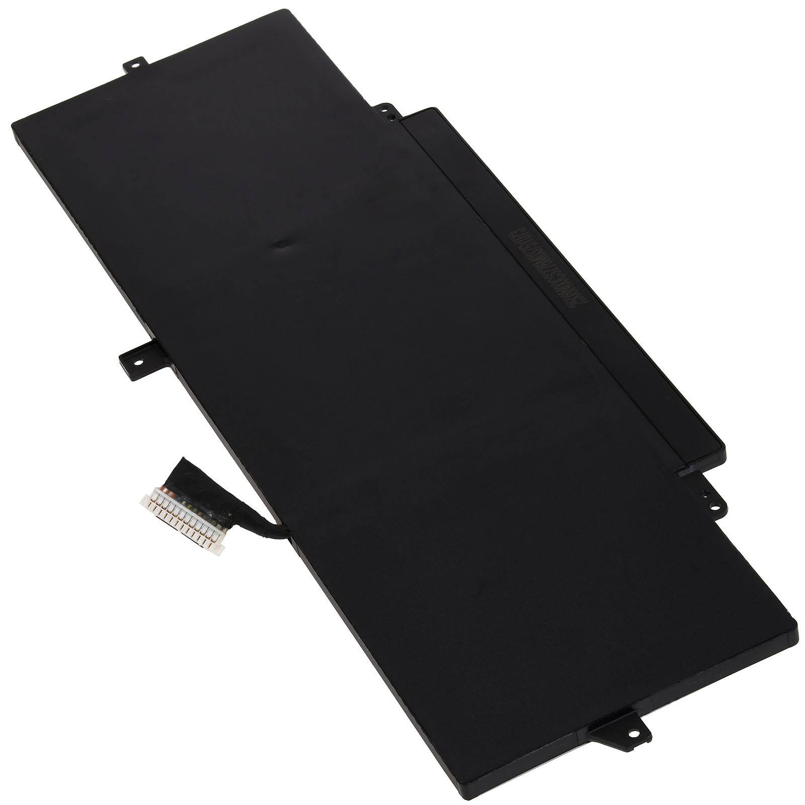 Eine rechteckige schwarze Laptop-Batterie mit einem Kabelanschluss an einer Seite.