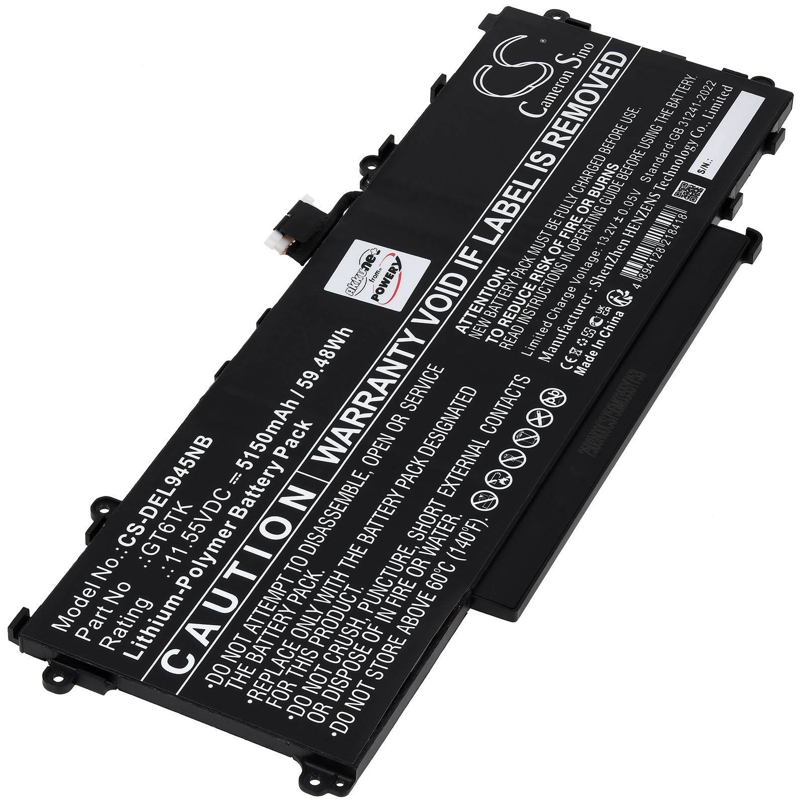 Lithium-Ionen-Akku für Dell Inspiron, Modell C-S-DEL945NB, 3150mAh, 11,4V, schwarz mit Garantieetikett-Hinweis.