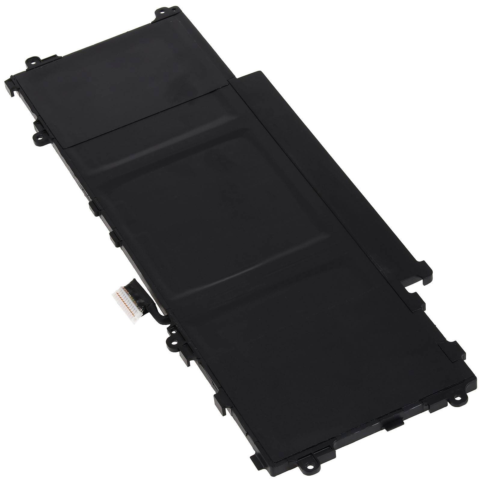 Eine rechteckige schwarze Laptop-Batterie mit einem Anschluss an einer Seite, geeignet als Ersatzteil für kompatible Laptopmodelle.