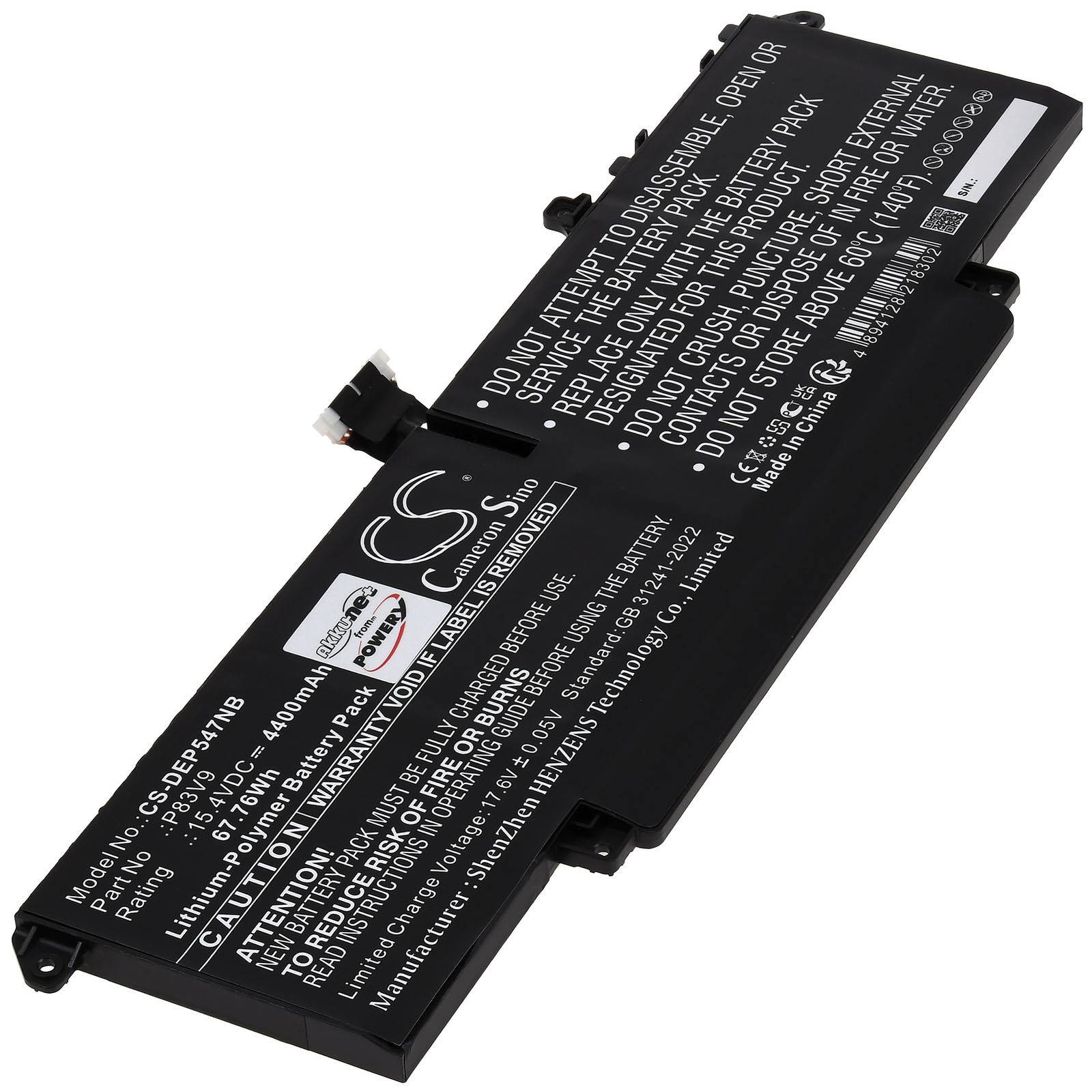Eine rechteckige schwarze Lithium-Ionen-Batterie für einen Laptop, mit weißer Schrift, die Sicherheitshinweise und Spezifikationen auf ihrer Oberfläche anzeigt.