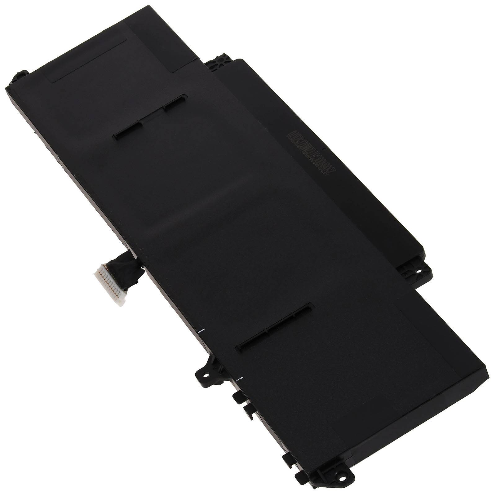 Eine schwarze Laptop-Batterie mit rechteckiger Form, die an einer Seite einen Anschluss aufweist.